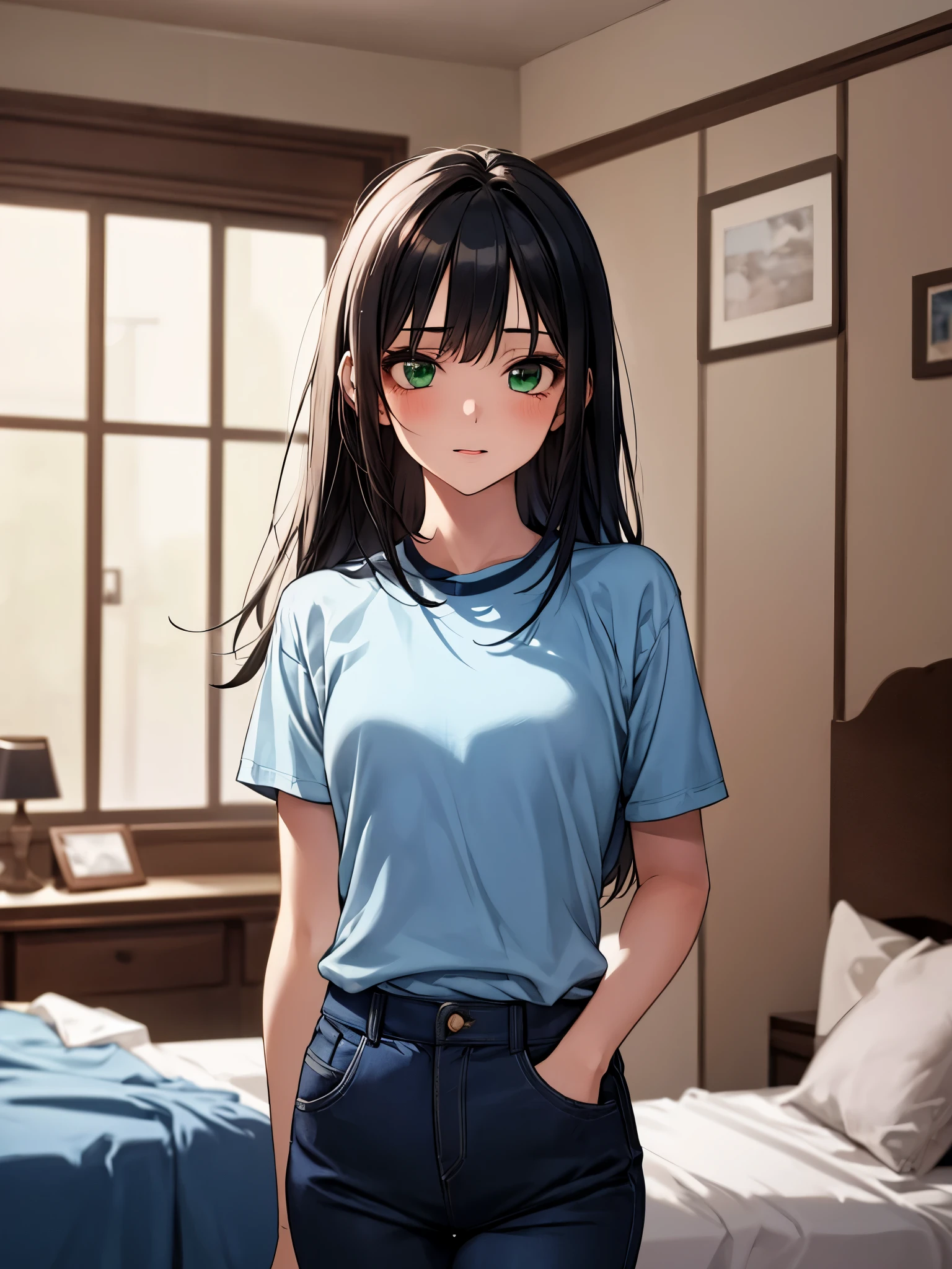 masterpiece, highest quality, 1 girl, green eyes、long black hair, blue jersey, navy blue pants、home bedroom