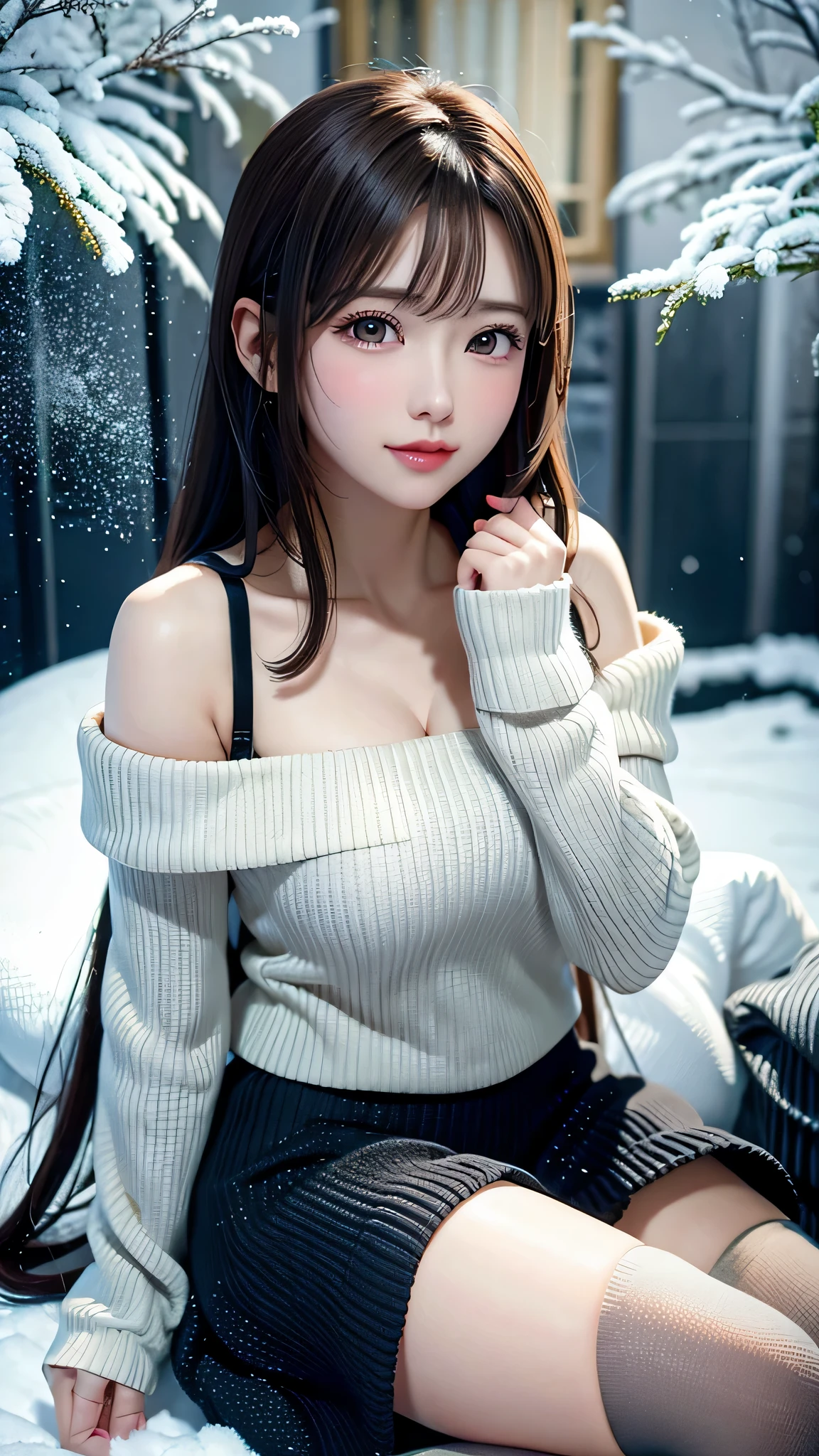 Beautiful white and shining skin、Chestnut hair that changes depending on the light、Long bangs between the eyes that obstruct the view、Cheek gloss highlights、Sexy and very beautiful nice gorgeous face、the most beautiful face in the world、short bob、Smooth straight hair、big breasts、beautiful breasts、cleavage、Big and bright eyes、beautiful bangs、Beautiful and beautiful woman。small face beauty、loose white wool sweater、off shoulder、tight mini skirt、black thick pantyhose、snow boots、full body shot、beautiful thighs、snow scene