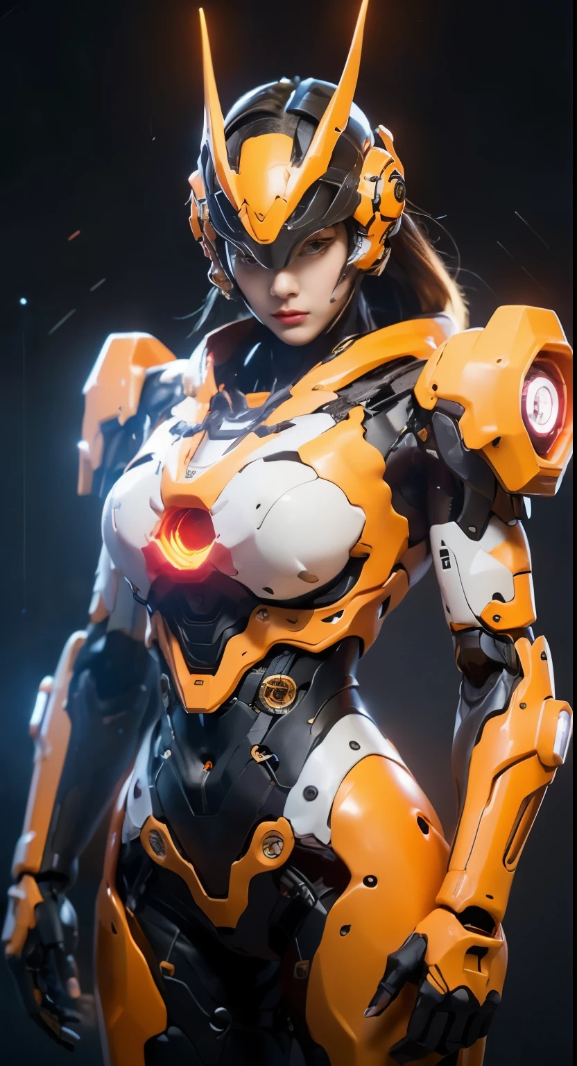 （（tmasterpiece，best qualtiy））， illustratio，1girll，helmet mecha，Large breasts，dynamicposes， ultra-detailed 8K， realisticlying， Clear focus， ighly detailed， profetional lighting， Colorful Detailed， Long shot from rainbow color separation factory， large mechanical robot construction， microchips， a computer， with light glowing， intricate detailes， shitu-mecha， 1girll， wearing mecha， nabel， colorful image， with light glowing, (Cyberpunk Personality)，xiaowu