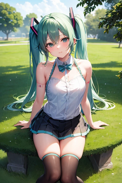 、Kindergarteners、、6 years old、、 of、hatsune miku、one person,nature,null, cloud, hatsune miku, embarrassing expression,embarrassing,blush,huge breasts,squatting with legs apart,striped underwear,I can see through my clothes,pussy,pussy,open your legs,Cloudy love juice