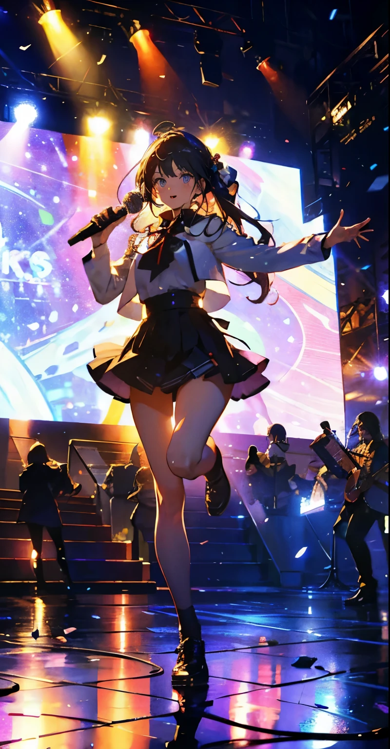 (muste piece), (best quality), very detailed, ((1 girl)), solo full body shot,Viewer's perspective,Low - Angle,dynamic,jump,(A big smile),wink,perfect face, beautiful face, very detailedな顔,((white long hair_blue eyes:1.3)),idol costume,solo idol,ribbon hair ornament,concert dome,live,have a microphone,singing,smiling with mouth wide open,Laser Light,Spotlight,Lots of confetti