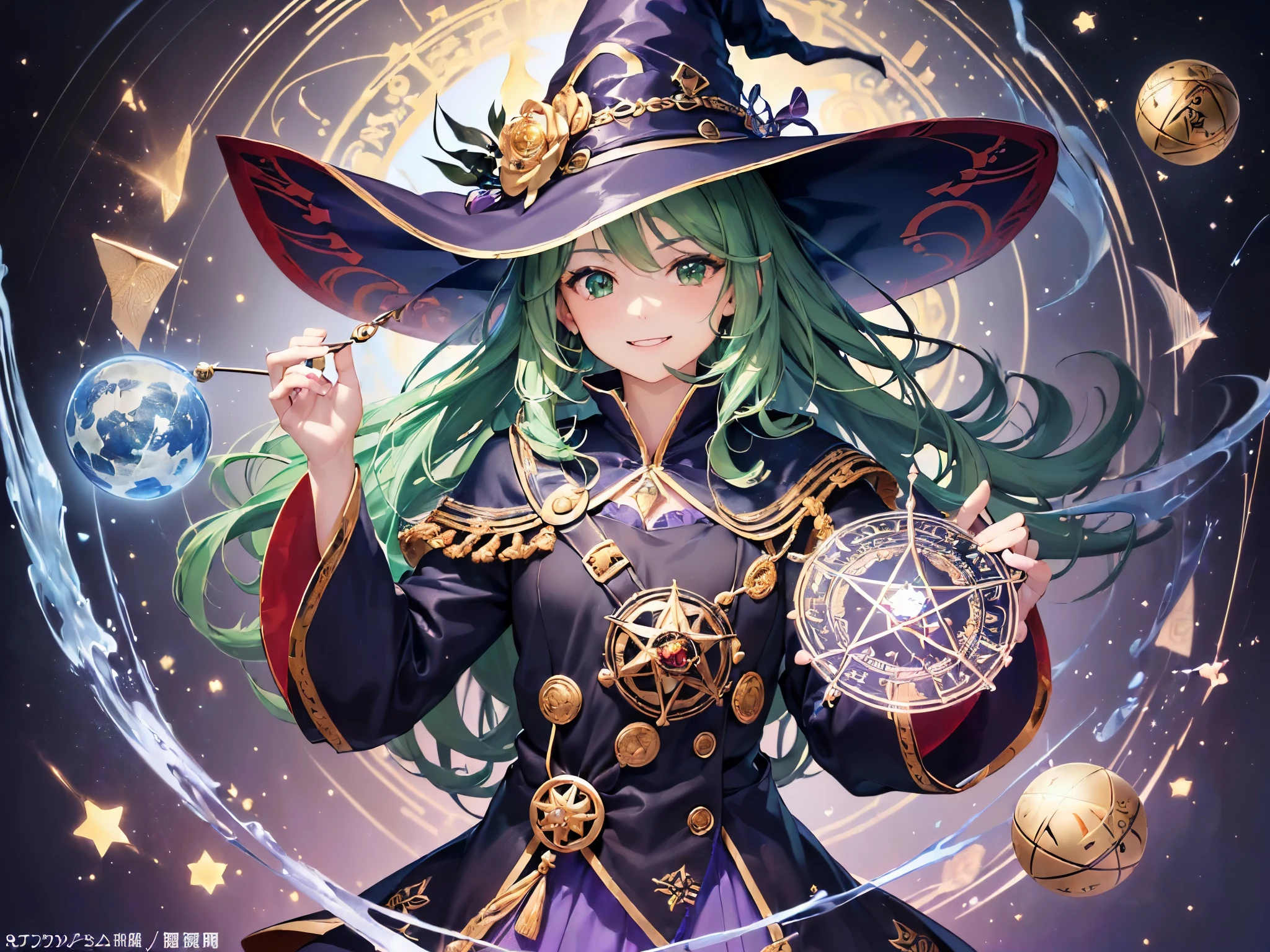 ((highest quality)),(ultra high resolution),(Super detailed),(detailed description),((best CG)),(best work of art),super precision art,amazing drawing art,(Fantasy art with precise details:1.5), (1 girl:1.5),((witch:1.6)),(beautiful and well-shaped face:1.5),(innocent smile:1.5),(emerald green eyes:1.5),(緻密で詳細に描写された髑髏が彫刻されたwitchの杖:1.6),(ring with sparkling gemstones:1.4),(rune ornament:1.4),dynamic pose:1.3, (A magic circle with a precise and detailed geometric pattern:1.4),(A ball of flame released from a magic circle:1.4),The air trembles with shock:1.4