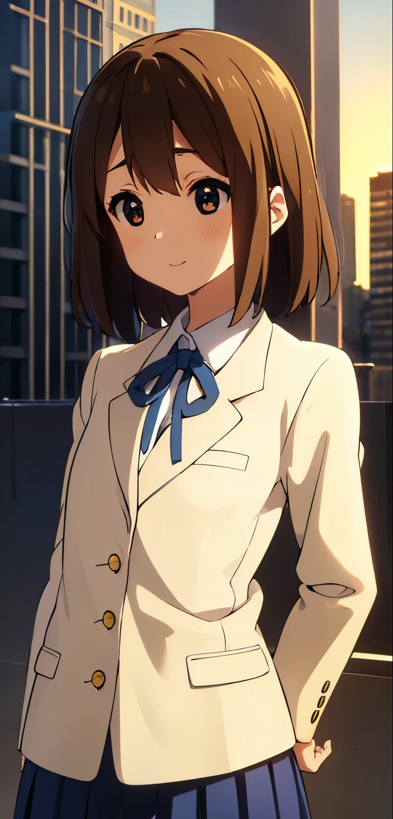 1girl, (((masterpiece))), top-quality, top-quality, High Details, Hirasawa Yui, 1girl, Sakuragaoka High School Uniform, student clothes, two yellow hairpin, short hair, A brown-haired, brown-eyed, glasses, 独奏, reddish, Dark blue blazer with thin blue ribbon, Solid white buttoned shirt under blazer, read a book, illustratio, comic strip, soothing tones, Subdued Color, Soft cinematic light, adobe lightroom, photolab, HDR, intricately and hyper-detailed、(((depth of fields))))。(((masterpiece)))。(((top-quality))).)((ultra-detailliert)))。(((illustratio)))。(((takeout))).dynamic focus.big breasts.(((Skyscrapers))).(((A city scape))).(((Face of happiness))). Smile mouth.(((put hands on the hip))).(((up chest))).((afternoon glow)).((the setting sun)).