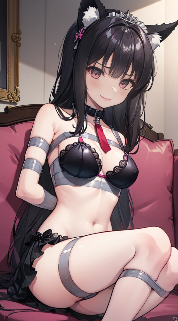 high quality, masterpiece, Super detailed, 1 girl, extremely detailed eyes，extremely detailed face, Black lace latex bikini，Maid tiara，Tape closure，Tie up all over with tape，BDSM,handcuffs，collar，calm expression,shy，Smile，bright red lips，handcuffs，collar，long black hair, charming pink eyes, fox ears, Ridiculously big, shiny skin,Detailed legs，Lying on your side on the sofa，hands behind back，Bright and detailed bedroom