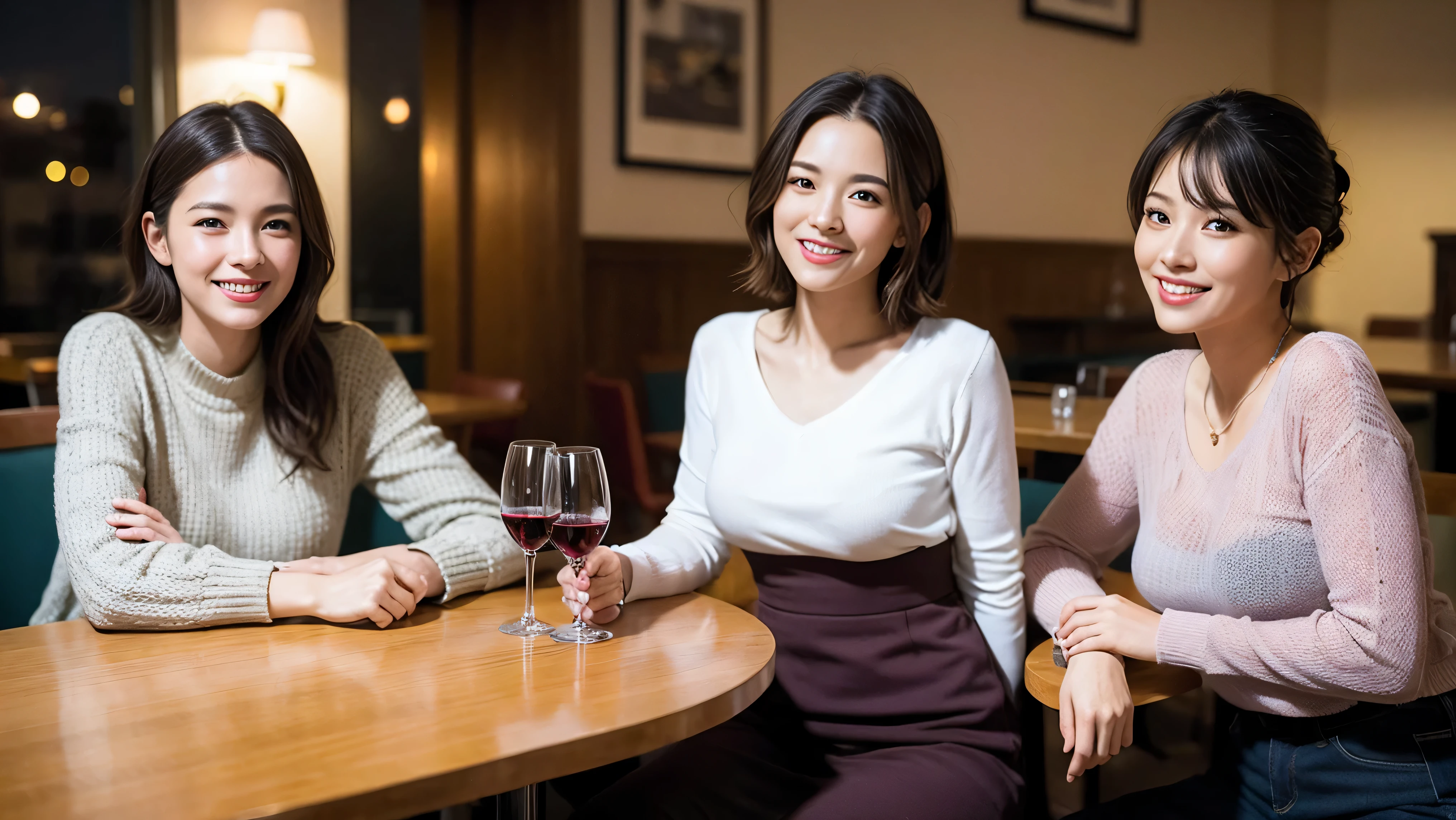 (including 64k、nffsw、highest quality、masterpiece:1.2)、(realistic、Photoreal:1.37)、Super detailed、wine glass、while enjoying wine、mature woman、two beautiful women、(slim face)、(because I&#39;thin)、（brown hair）、(shortcut)、Latino、smileのフランス人女性、happy italian girl、british woman、Americana、cheeks slightly red、(38 years)、42 years old、red wine、窓の外には美しく緻密なnight景が広がります.......、restaurant、目立つ場所にあるwine glass、night、(from the waist up)、sit on top、date、(laughter:1.15)、fine and beautiful eyes、cashmere sweater、long sleeve dress、Japanese、(short hair:1.2)、Float NovaFrogStyle、、modeled、from the waist up、White wine、turned into slime、wine glass、超綺麗なnight景、wine glassを真ん中に置きます、smile、(8k、RAW photo、highest quality、masterpiece:1.2)、(realistic、Photoreal:1.37)、Super detailed、ultra high resolution、2 females、see the beholder、beautiful and detailed face、laughter、narrow、(slim waist) :1.3)、knit shirt、Fine and beautiful skin、skin texture、floating hair、professional light needle breast、kind eyes