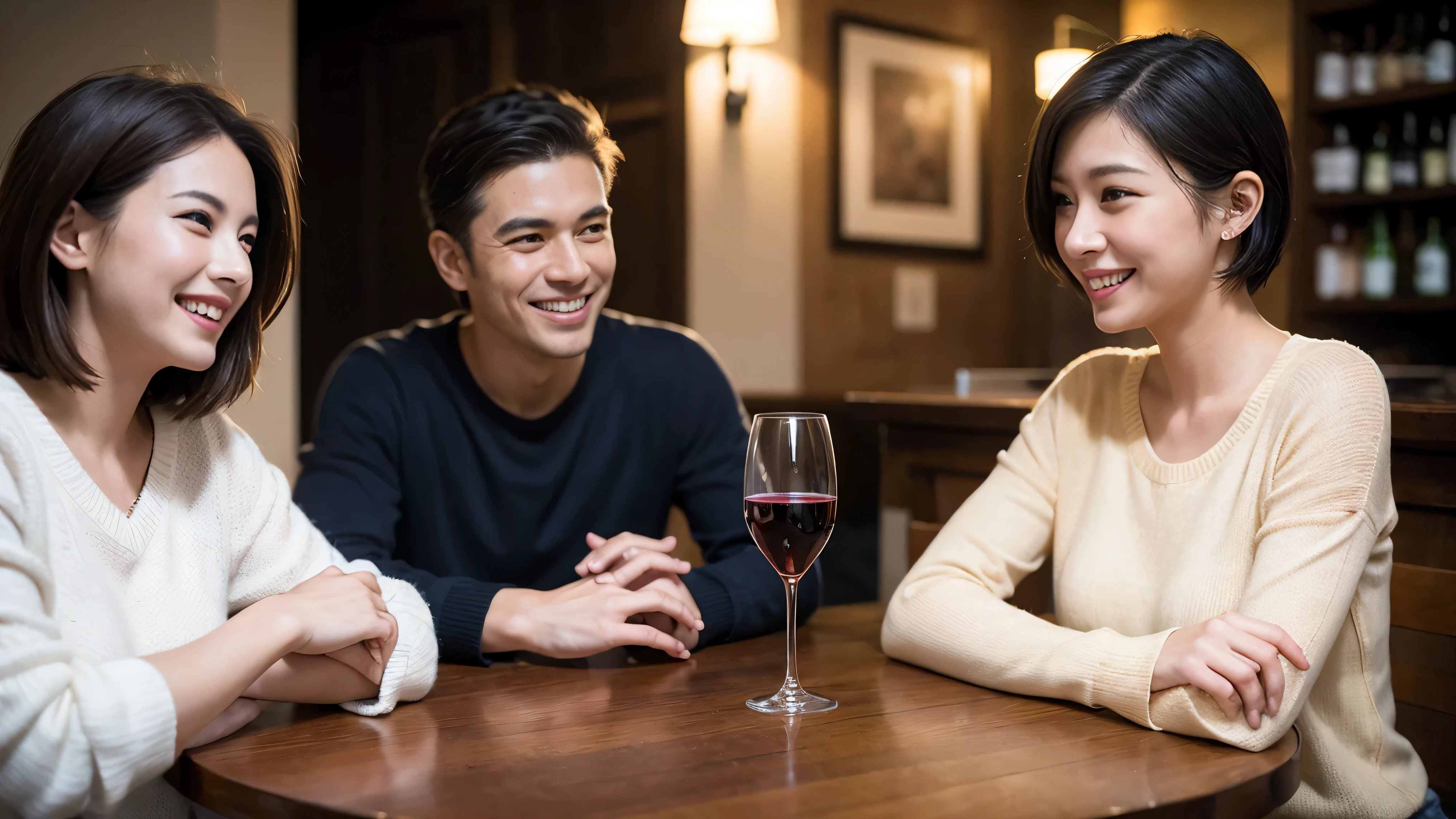 (including 64k、nffsw、highest quality、masterpiece:1.2)、(realistic、Photoreal:1.37)、Super detailed、wine glass、while enjoying wine、mature woman、two beautiful women、(slim face)、(because I'thin)、(brown hair)、(shortcut)、Latino、smileのフランス人女性、happy italian girl、british woman、Americana、cheeks slightly red、(38 years)、42 years old、red wine、窓の外には美しく緻密なnight景が広がります.......、restaurant、目立つ場所にあるwine glass、night、(from the waist up)、sit on top、date、(laughter:1.15)、fine and beautiful eyes、cashmere sweater、long sleeve dress、Japanese、(short hair:1.2)、Float NovaFrogStyle、、modeled、from the waist up、White wine、turned into slime、wine glass、超綺麗なnight景、wine glassを真ん中に置きます、smile、(8k、RAW photo、highest quality、masterpiece:1.2)、(realistic、Photoreal:1.37)、Super detailed、ultra high resolution、2 females、see the beholder、beautiful and detailed face、laughter、narrow、(slim waist) :1.3)、knit shirt、Fine and beautiful skin、skin texture、floating hair、professional light needle breast、kind eyes