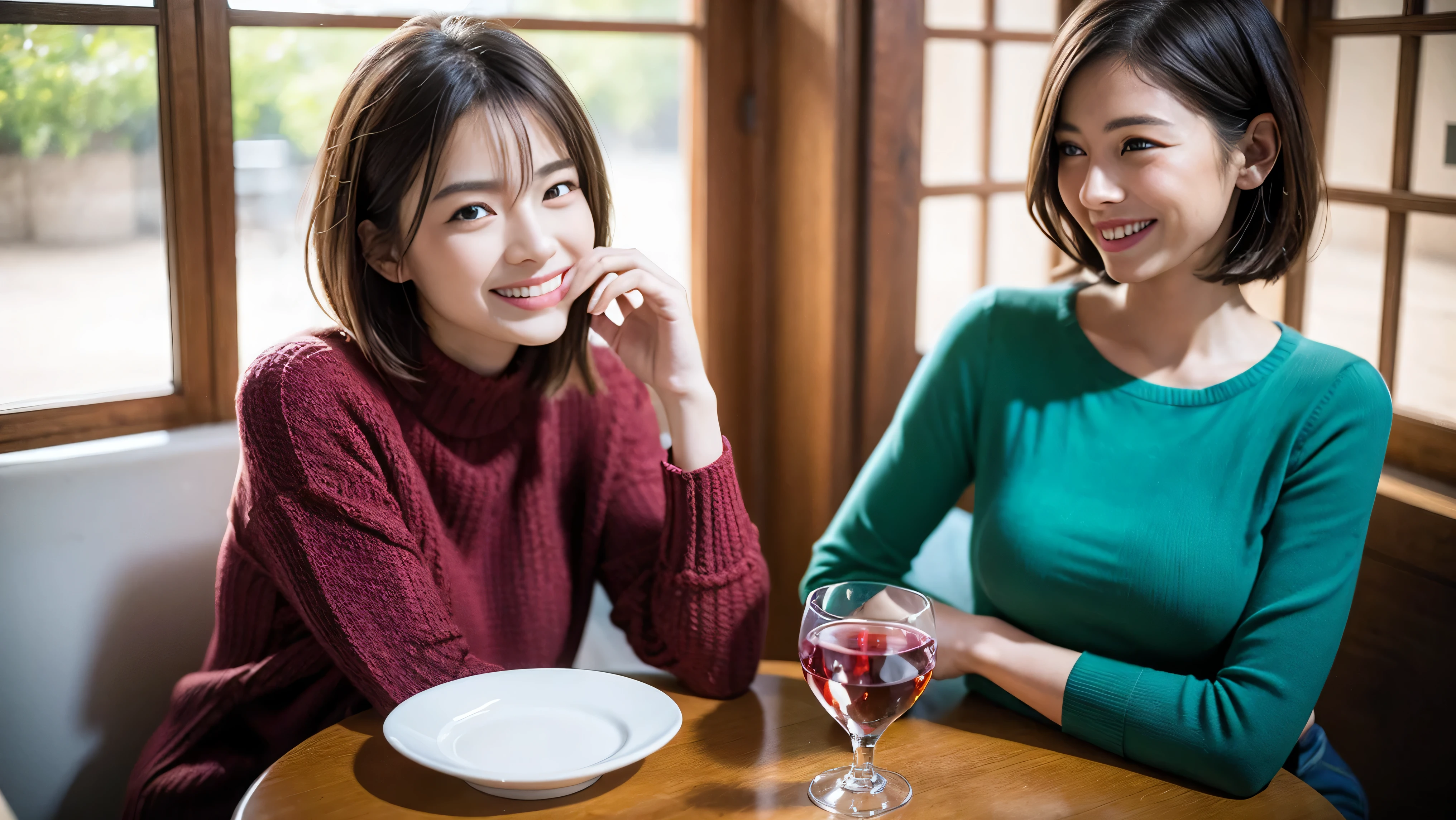 (including 64k、nffsw、highest quality、masterpiece:1.2)、(realistic、Photoreal:1.37)、Super detailed、wine glass、while enjoying wine、mature woman、two beautiful women、(slim face)、(because I'thin)、(brown hair)、(shortcut)、Latino、smileのフランス人女性、happy italian girl、british woman、Americana、cheeks slightly red、(38 years)、42 years old、red wine、窓の外には美しく緻密なnight景が広がります.......、restaurant、目立つ場所にあるwine glass、night、(from the waist up)、sit on top、date、(laughter:1.15)、fine and beautiful eyes、cashmere sweater、long sleeve dress、Japanese、(short hair:1.2)、Float NovaFrogStyle、、modeled、from the waist up、White wine、turned into slime、wine glass、超綺麗なnight景、wine glassを真ん中に置きます、smile、(8k、RAW photo、highest quality、masterpiece:1.2)、(realistic、Photoreal:1.37)、Super detailed、ultra high resolution、2 females、see the beholder、beautiful and detailed face、laughter、narrow、(slim waist) :1.3)、knit shirt、Fine and beautiful skin、skin texture、floating hair、professional light needle breast、kind eyes
