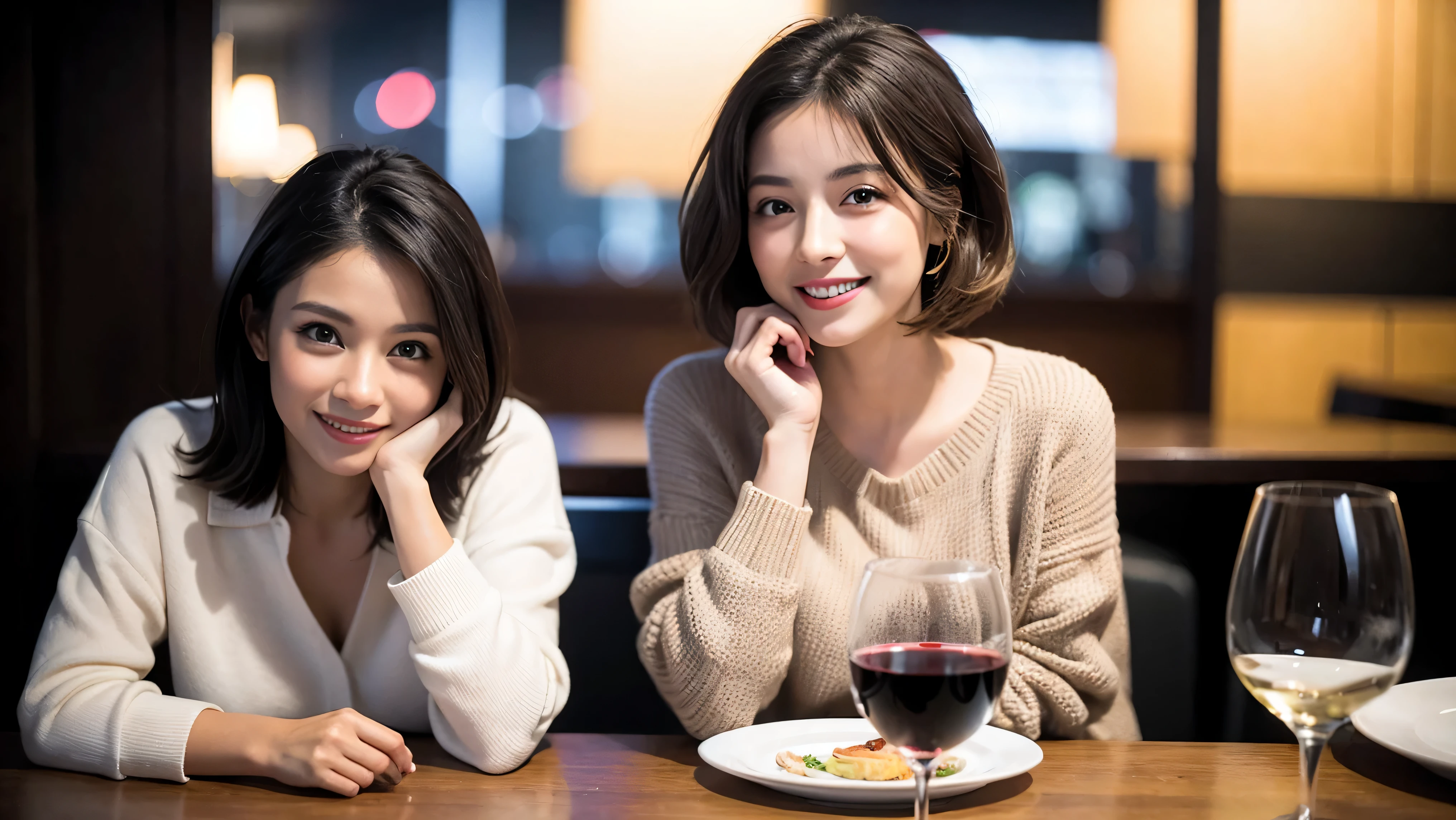 (including 64k、nffsw、highest quality、masterpiece:1.2)、(realistic、Photoreal:1.37)、Super detailed、wine glass、while enjoying wine、mature woman、two beautiful women、(slim face)、(because I'thin)、(brown hair)、(shortcut)、Latino、smileのフランス人女性、happy italian girl、british woman、Americana、cheeks slightly red、(38 years)、42 years old、red wine、窓の外には美しく緻密なnight景が広がります.......、restaurant、目立つ場所にあるwine glass、night、(from the waist up)、sit on top、date、(laughter:1.15)、fine and beautiful eyes、cashmere sweater、long sleeve dress、Japanese、(short hair:1.2)、Float NovaFrogStyle、、modeled、from the waist up、White wine、turned into slime、wine glass、超綺麗なnight景、wine glassを真ん中に置きます、smile、(8k、RAW photo、highest quality、masterpiece:1.2)、(realistic、Photoreal:1.37)、Super detailed、ultra high resolution、2 females、see the beholder、beautiful and detailed face、laughter、narrow、(slim waist) :1.3)、knit shirt、Fine and beautiful skin、skin texture、floating hair、professional light needle breast、kind eyes