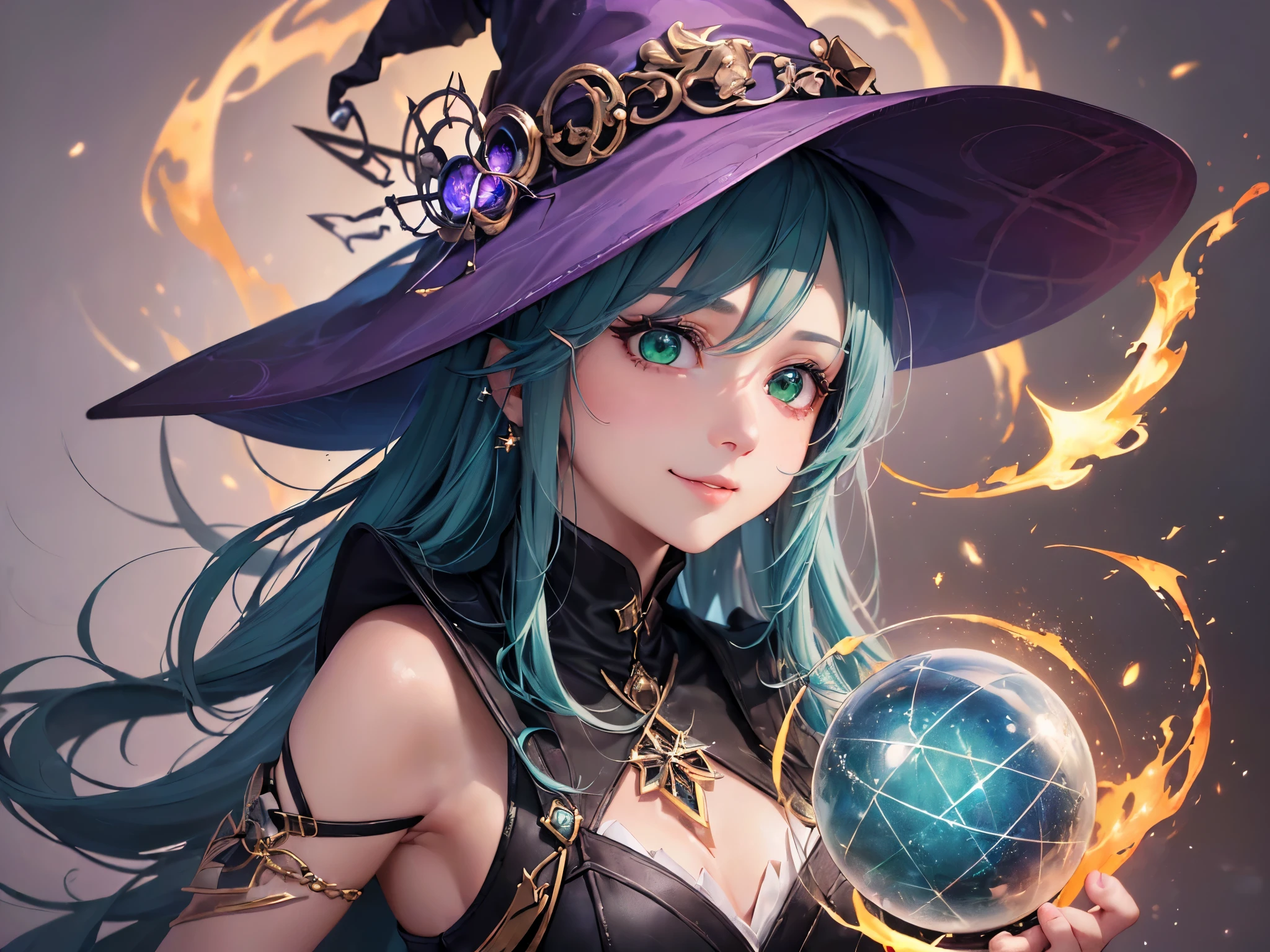 ((highest quality)),(ultra high resolution),(Super detailed),(detailed description),((best CG)),(best work of art),super precision art,amazing drawing art,(Fantasy art with precise details:1.5), (1 girl:1.5),((witch:1.6)),(beautiful and well-shaped face:1.5),(innocent smile:1.5),(emerald green eyes:1.5),(緻密で詳細に描写された髑髏が彫刻されたwitchの杖:1.6),(ring with sparkling gemstones:1.4),(runes surrounding her:1.4),dynamic pose:1.5, (A ball of flame released from a precise and detailed magic circle.:1.4),