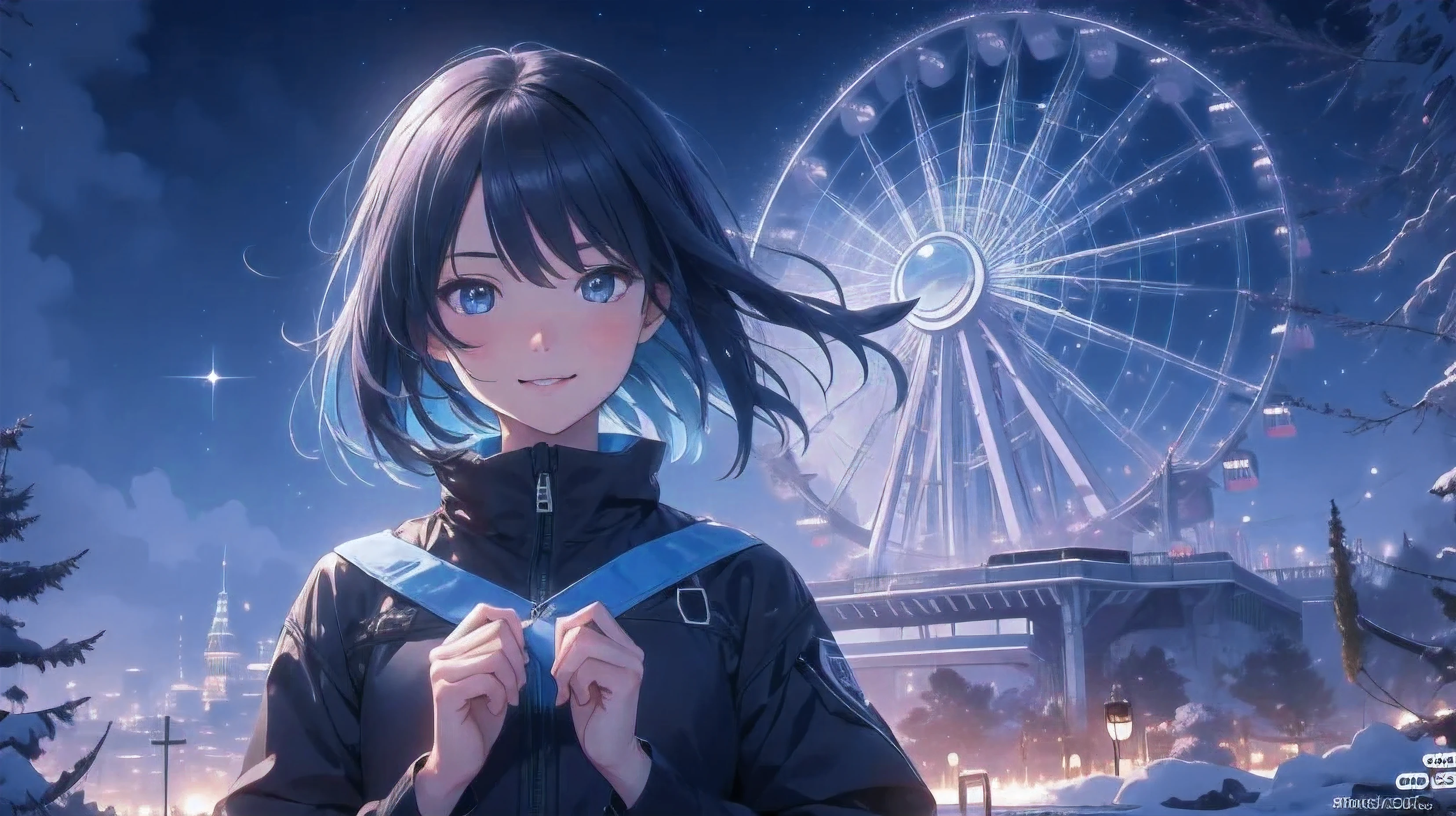 night sky,star々,nature,whole bodyを描画,Two-dimensional beautiful girl,perfect lighting,highly detailed face,perfect hands,perfect anatomy,thin and beautiful eyes,bob hair,8k,highest quality,smile,whole body,anime