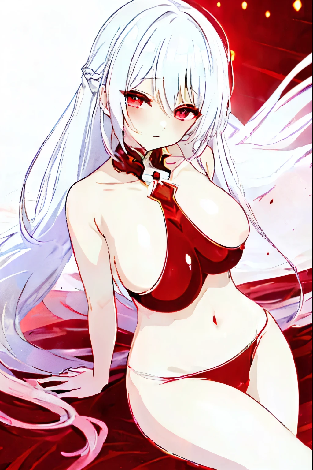 Pure white hair color,Elegant,Ruby-like deep and charming eyes,Shining a bright red like blood,Let the human body experience this beauty and at the same time feel a bit of destructive danger.,Clothing is swimsuit。