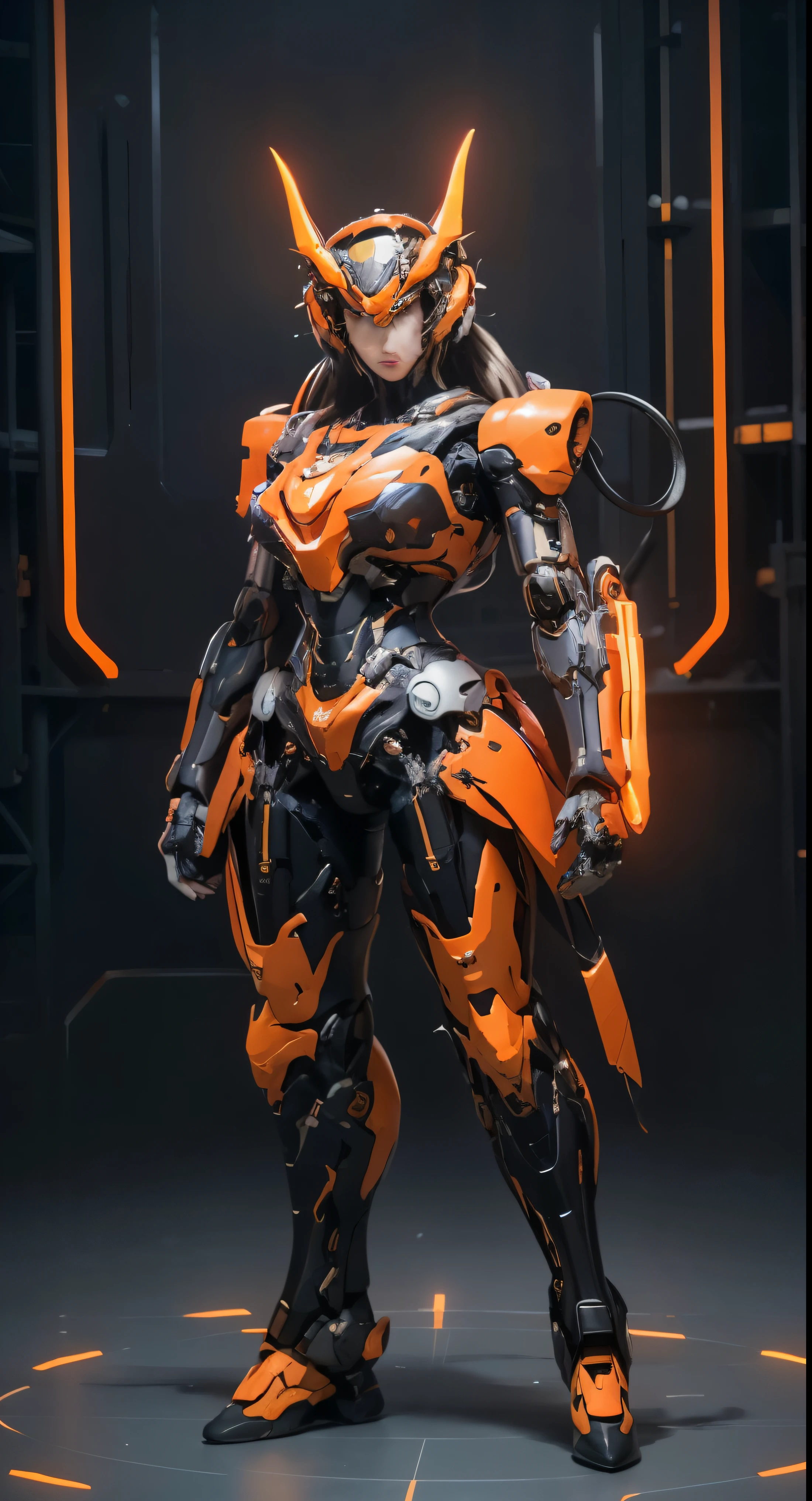 （（tmasterpiece，best qualtiy））， illustratio，1girll，helmet mecha，Large breasts，dynamicposes， ultra-detailed 8K， realisticlying， Clear focus， ighly detailed， profetional lighting， Colorful Detailed， Long shot from rainbow color separation factory， large mechanical robot construction， microchips， a computer， with light glowing， intricate detailes， shitu-mecha， 1girll， wearing mecha， nabel， colorful image， with light glowing, (Cyberpunk Personality)，xiaowu, full body 