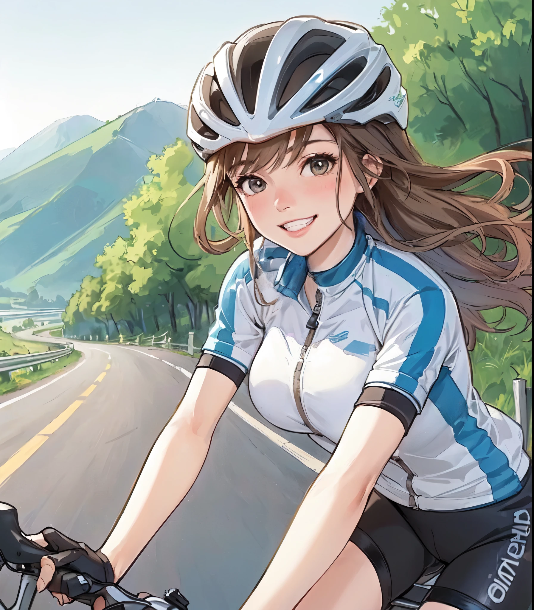 1lady solo, (riding road bike:1.2), (dressed in road bike attire) sporty stylish, helmet, mature female, /(light brown hair/) bangs, blush happy smile, (masterpiece best quality:1.2) delicate illustration ultra-detailed, large breasts BREAK (paved road in the mountains), outdoors, detailed background