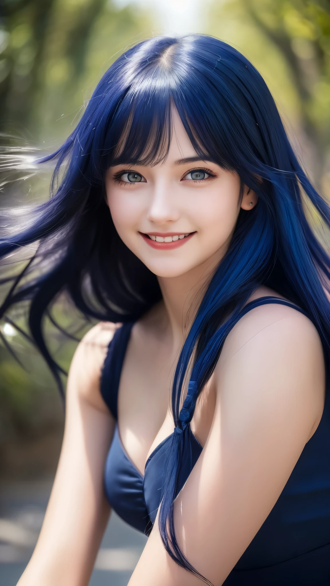 1girl, floating hair, dark blue hair, amber eyes, grin, best quality, 35mm lens, f/1.8, perfect skin, realistic, (adult face:1.2), 8k, award-winning photograph,gorgeous, (portrait:0.6), Cinematic, ultra high res,