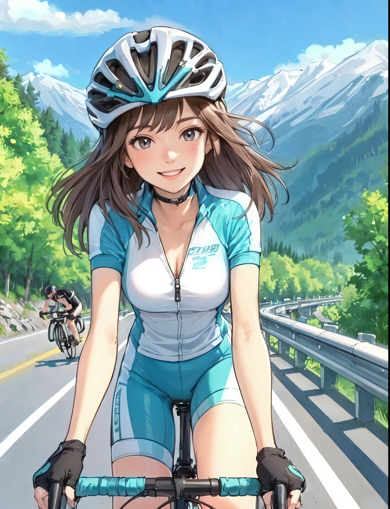 1lady solo, (riding road bike:1.2), (dressed in road bike attire) sporty stylish, helmet, mature female, /(light brown hair/) bangs, blush happy smile, (masterpiece best quality:1.2) delicate illustration ultra-detailed, large breasts BREAK (paved road in the mountains), outdoors, detailed background