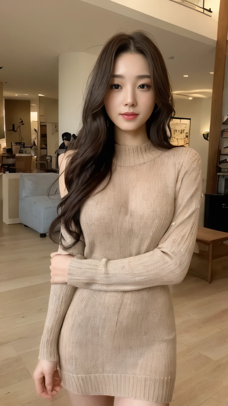 ((top-quality、8k、​masterpiece:1.3))、Beautiful woman with perfect body:1.4、slim abdomen:1.2、Longhair, normal breast, Highly detailed facial and skin texture, A detailed eye, delicate eyes, double eyelid, (smile), (full body shot), ((shopping mall)), (standing), (((wearing Sweater Dress:1.1)), looking in front