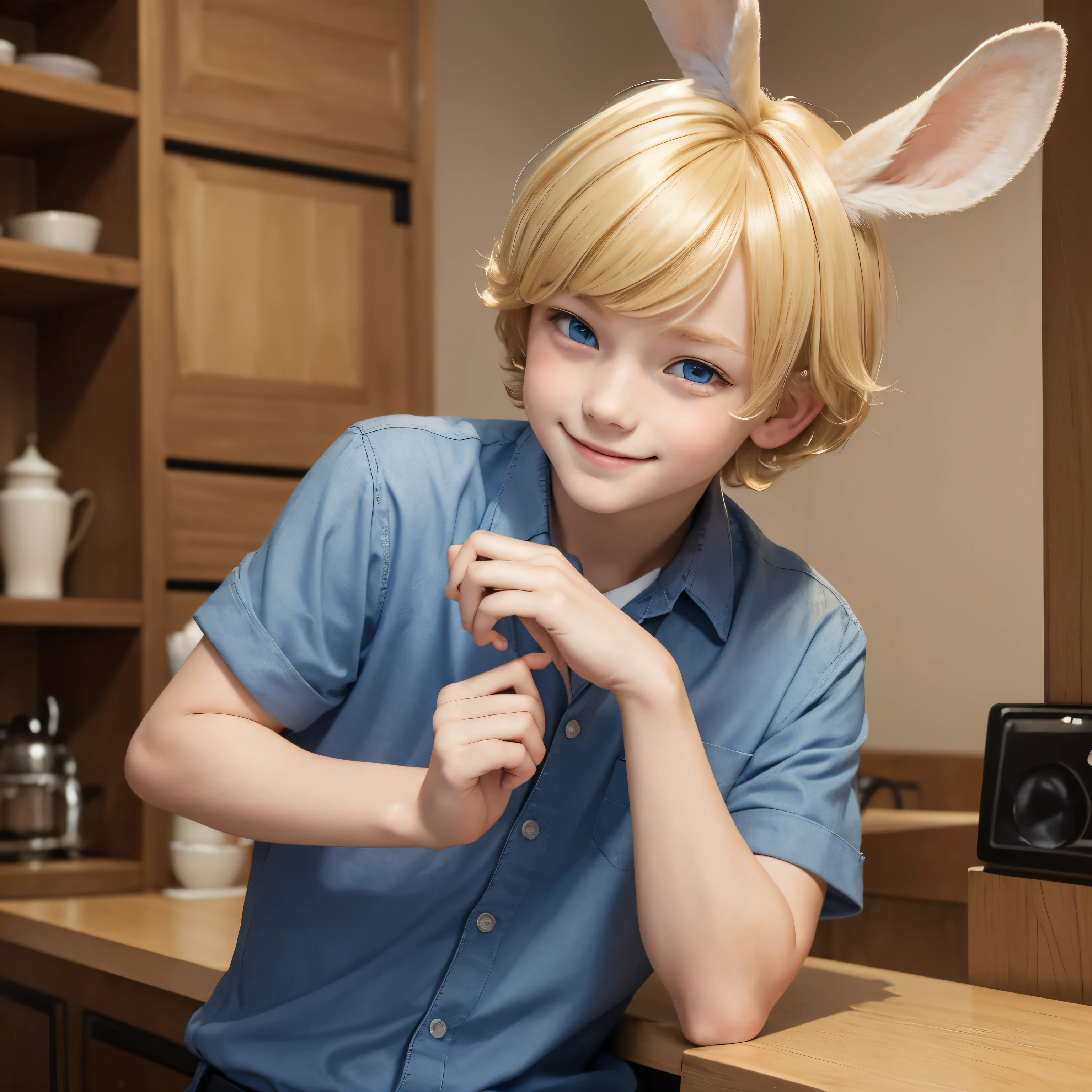 ((masterpiece,best image quality))(1 boy),(blonde:bob hair,With bangs),(blue eyes),(There are rabbit ears),,shy,cheeks are red,smile,eyes looking down,wearing a collared shirt,The whole body is reflected,Are standing