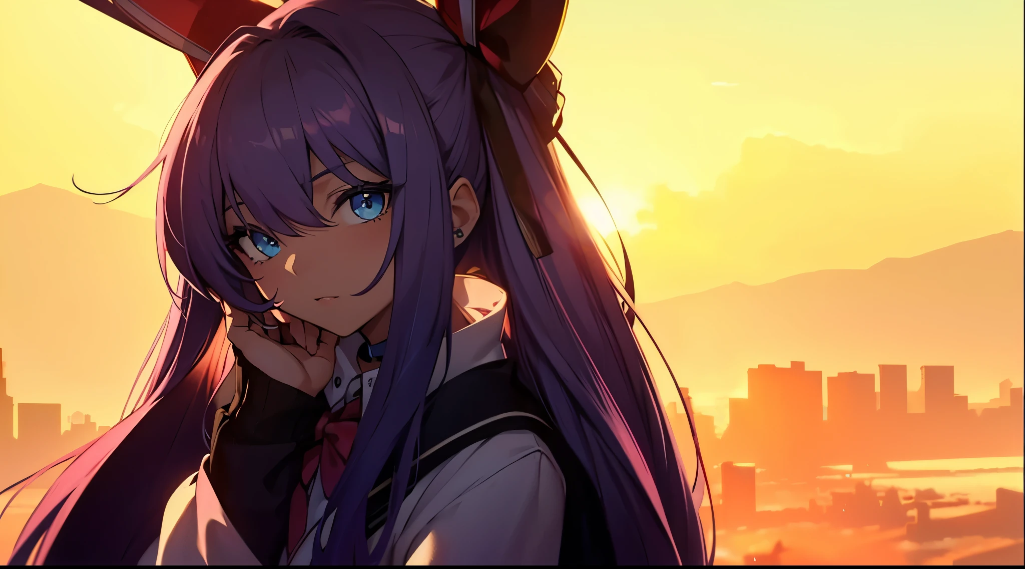 She wears a sailor uniform, white socks, and brown shoes. She has light blue eyes (pink in the first set) and long, blue hair. She also has a red bow on the top of her head, which she has never removed.
Model woman posing, Very beautiful 20 year old woman, The background is a sunset, Gradient Eyes, Seductive makeup, Show Lighting, canon, nffsw, retinas, masutepiece, ccurate, Anatomically correct, Textured skin, Super Detail, high details, High quality, awardwinning, Best Quality, hight resolution, 1080p, hard disk, 4K, 8K, 16 K