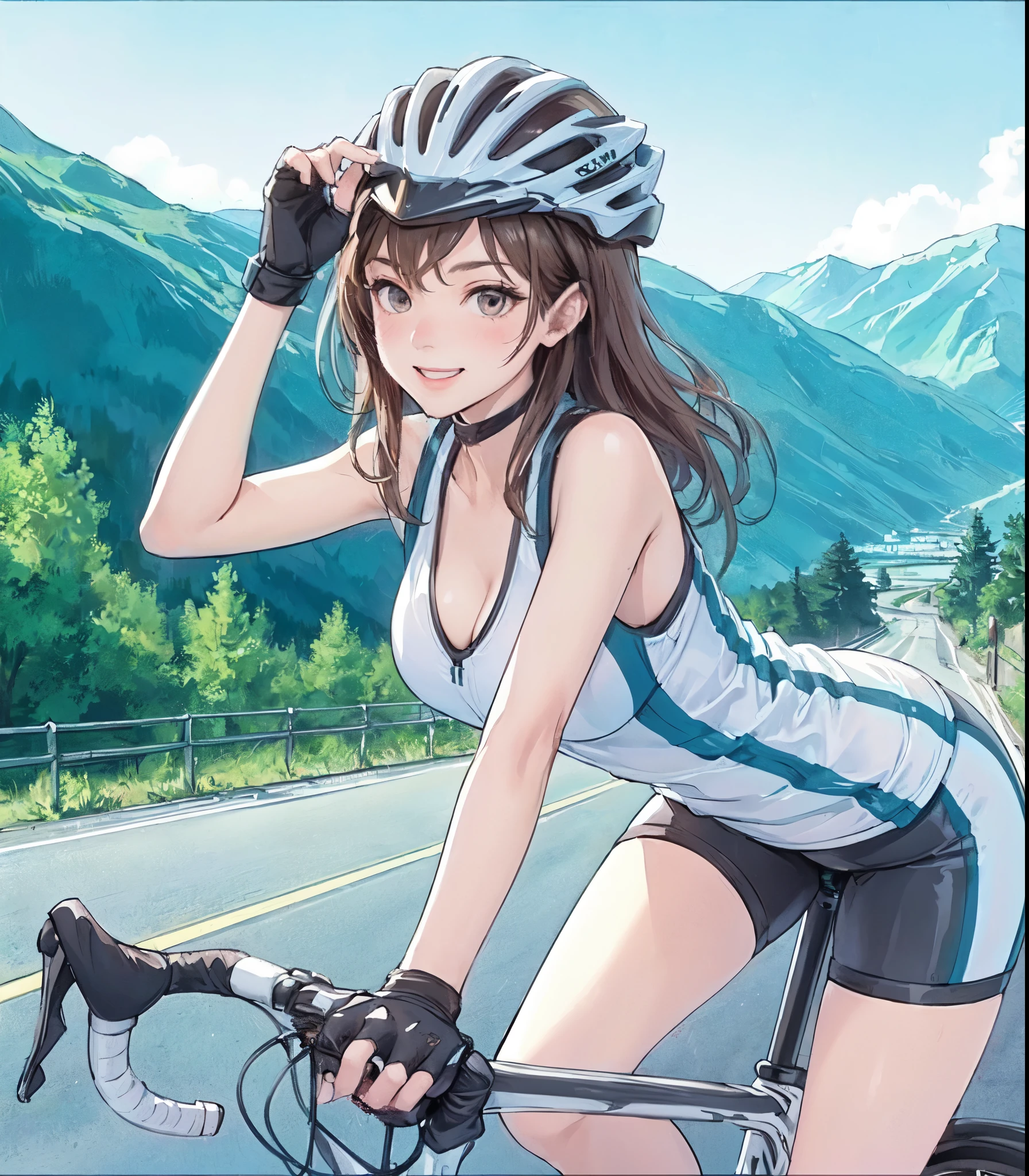 1lady solo, (riding road bike:1.2), (dressed in road bike attire) sporty stylish, helmet, mature female, /(light brown hair/) bangs, blush happy smile, (masterpiece best quality:1.2) delicate illustration ultra-detailed, large breasts BREAK (paved road in the mountains), outdoors, detailed background