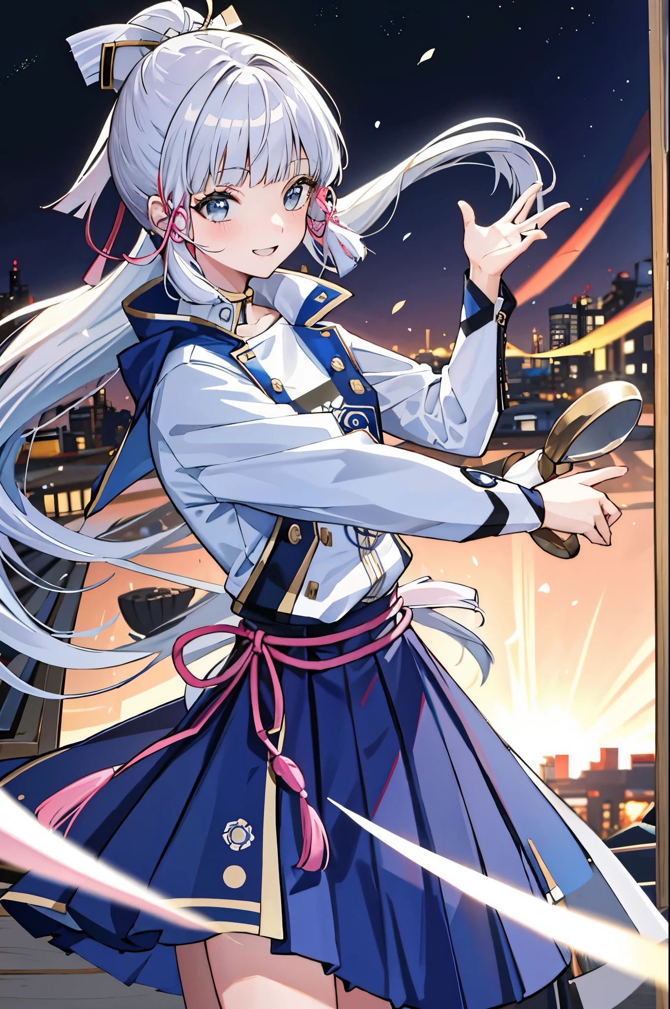 kamisato_Ayaka,chef-d'artwork, (best quality:1.3), 8K, le fond d'screen,(chef-d'artwork,best quality,ultra-detailed,clarification),1fille,solo,lentille de cow-boy,eYeux bleus,sourire,eyebrows visible through the hair,cheveux longs et blancs,Silver hair,je regarde le spectateur,to l',seins moyens,samurai,serafuku,Col marin,pleated skirt,Posant,