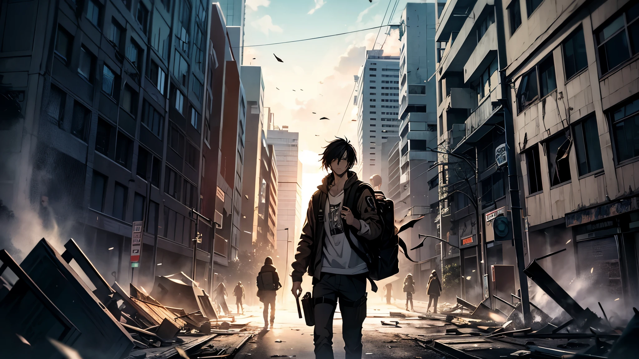 I want an anime style image of a young man with black hair, with a backpack, in a zombie apocalypse scene, with a destroyed city