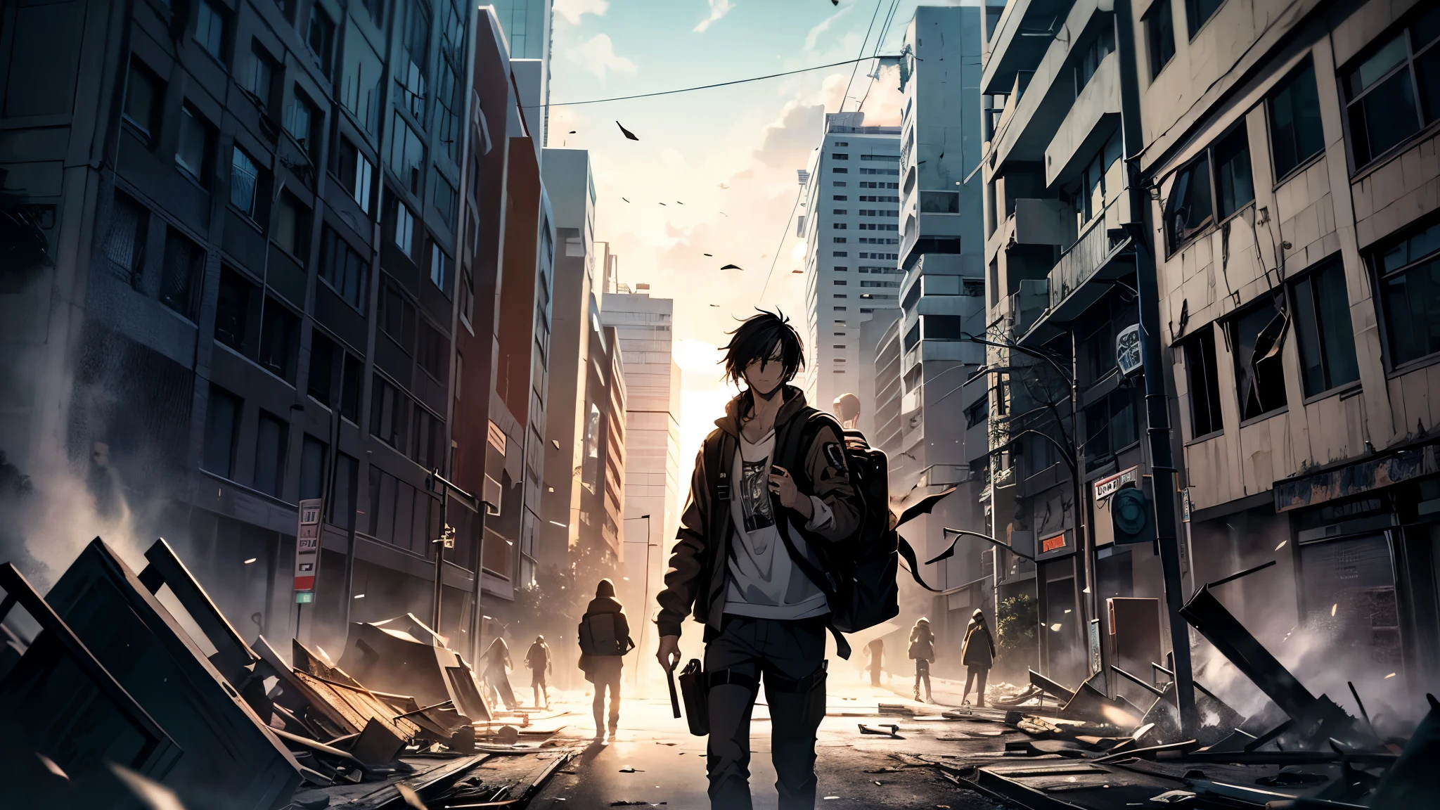 I want an anime style image of a young man with black hair, with a backpack, in a zombie apocalypse scene, with a destroyed city