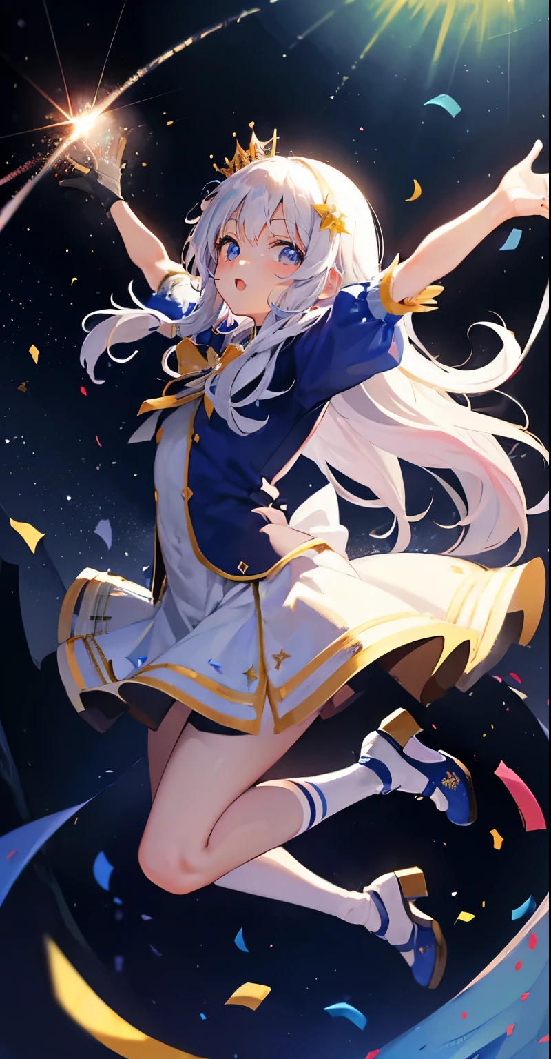 (muste piece), (best quality), very detailed, ((1 girl)), solo full body shot，Viewer&#39;s perspective，Low - Angle，dynamic，jump，(A big smile)，wink，perfect face, beautiful face, very detailedな顔，((white long hair_blue eyes:1.3))，Gorgeous idol costumes，solo idol，ribbon hair ornament，concert dome，live，have a microphone，singing，smiling with mouth wide open，Laser Light，Spotlight，Lots of confetti