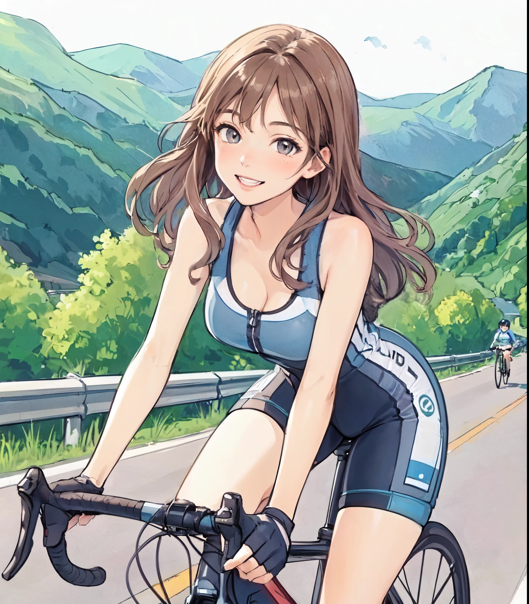 1lady solo, (riding road bike:1.2), (dressed in road bike attire) sporty stylish, mature female, /(light brown hair/) bangs, blush happy smile, (masterpiece best quality:1.2) delicate illustration ultra-detailed, large breasts BREAK (paved road in the mountains), outdoors, detailed background