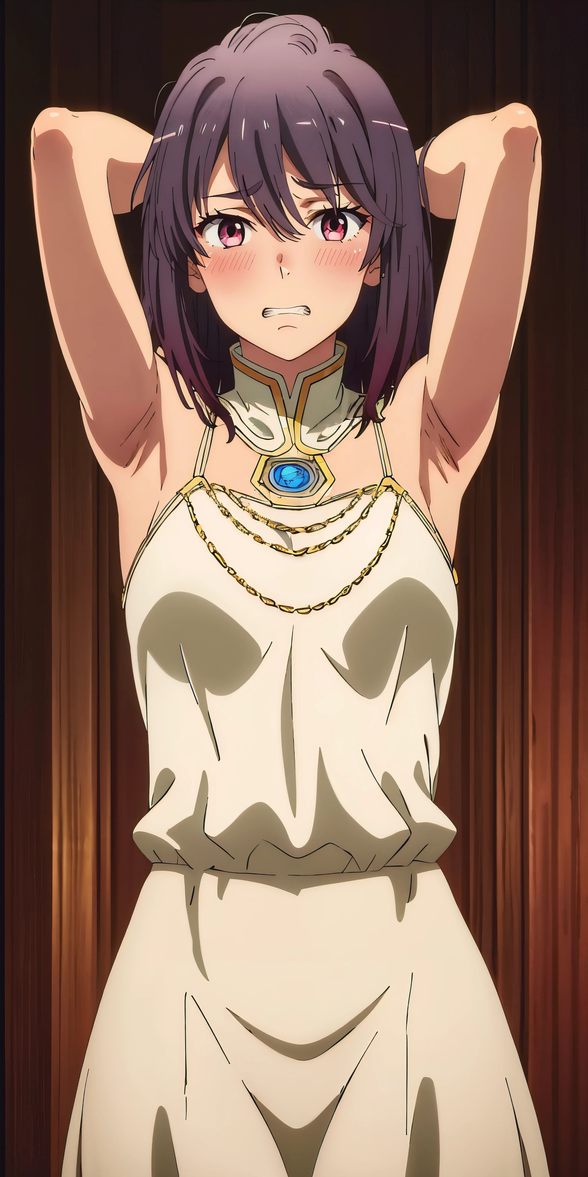 anatomically correct, best quality, masterpiece, high quality, high details, highres, HD, (shaded face:1.2), hollow eyes, maroon eyes, looking at viewer, heavy breathing, smirk, upper teeth, black hair, short hair, white dress, hip vent, long dress, arm_strap, arms behind head, armpits, armpit hair, steaming body, huge breast
(best quality,4k,8k,highres,masterpiece:1.2),ultra-detailed,(realistic,photorealistic,photo-realistic:1.37),dark,lively,shadows,dramatic light,reflective surfaces,darkroom,atmospheric,moody,contrasting colors,low-key lighting,
