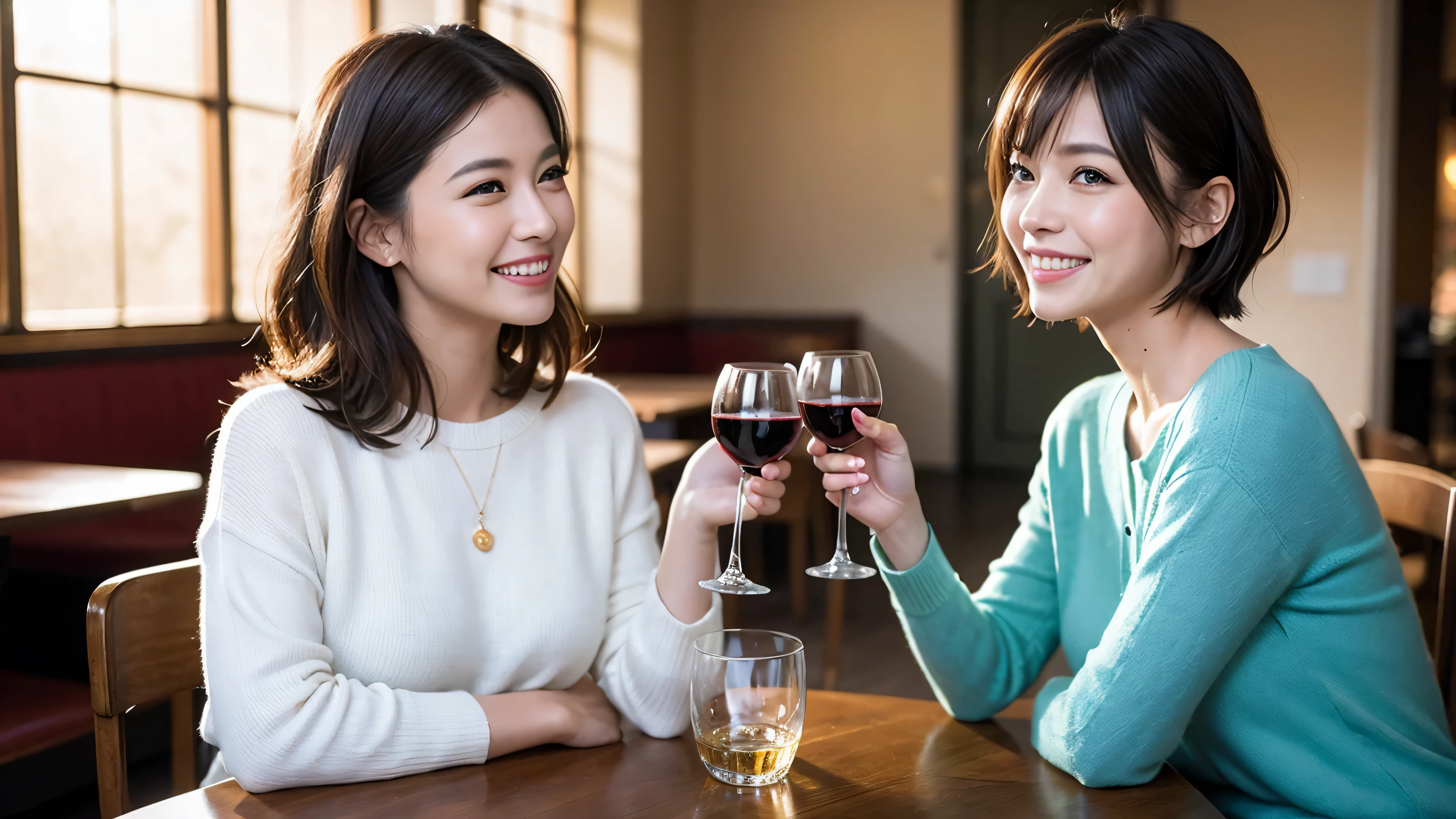 (including 64k、nffsw、highest quality、masterpiece:1.2)、(realistic、Photoreal:1.37)、Super detailed、wine glass、while enjoying wine、mature woman、two beautiful women、(slim face)、(because I'thin)、(brown hair)、(shortcut)、Latino、smileのフランス人女性、happy italian girl、british woman、Americana、cheeks slightly red、(38 years)、42 years old、red wine、窓の外には美しく緻密なnight景が広がります.......、restaurant、目立つ場所にあるwine glass、night、(from the waist up)、sit on top、date、(laughter:1.15)、fine and beautiful eyes、cashmere sweater、long sleeve dress、Japanese、(short hair:1.2)、Float NovaFrogStyle、、modeled、from the waist up、White wine、turned into slime、wine glass、超綺麗なnight景、wine glassを真ん中に置きます、smile、(8k、RAW photo、highest quality、masterpiece:1.2)、(realistic、Photoreal:1.37)、Super detailed、ultra high resolution、2 females、see the beholder、beautiful and detailed face、laughter、narrow、(slim waist) :1.3)、knit shirt、Fine and beautiful skin、skin texture、floating hair、professional light needle breast、kind eyes