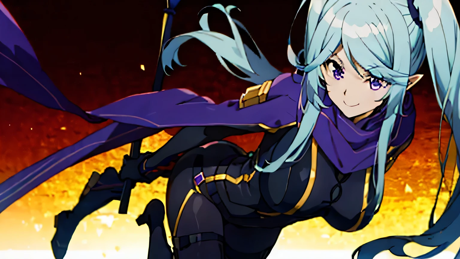 a anime female wearing a blue dress is holding a spear in hand, 1girl, solo, breasts, purple eyes, pointy ears, twintails, smile,sideview,fullbody,pov, large breasts, long hair, purple scarf, white background, looking at viewer,Twin tails, Purple Eyes, Light Blue hair, Black Bodysuit, Covered Navel, Thigh highs, Black Gloves,colorful background