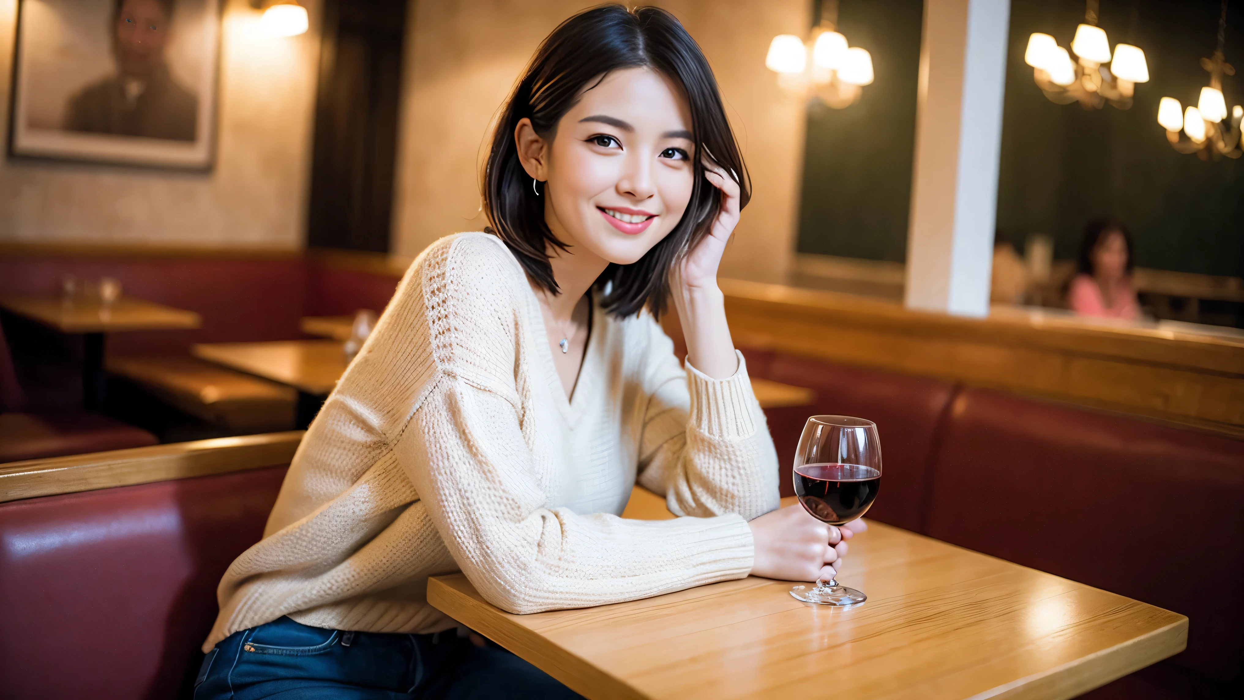 (including 64k、nffsw、highest quality、masterpiece:1.2)、(realistic、Photoreal:1.37)、Super detailed、wine glass、while enjoying wine、mature woman、two beautiful women、(slim face)、(because I'thin)、(brown hair)、(shortcut)、Latino、smileのフランス人女性、happy italian girl、british woman、Americana、cheeks slightly red、(38 years)、42 years old、red wine、窓の外には美しく緻密なnight景が広がります.......、restaurant、目立つ場所にあるwine glass、night、(from the waist up)、sit on top、date、(laughter:1.15)、fine and beautiful eyes、cashmere sweater、long sleeve dress、Japanese、(short hair:1.2)、Float NovaFrogStyle、、modeled、from the waist up、White wine、turned into slime、wine glass、超綺麗なnight景、wine glassを真ん中に置きます、smile、(8k、RAW photo、highest quality、masterpiece:1.2)、(realistic、Photoreal:1.37)、Super detailed、ultra high resolution、2 females、see the beholder、beautiful and detailed face、laughter、narrow、(slim waist) :1.3)、knit shirt、Fine and beautiful skin、skin texture、floating hair、professional light needle breast、kind eyes