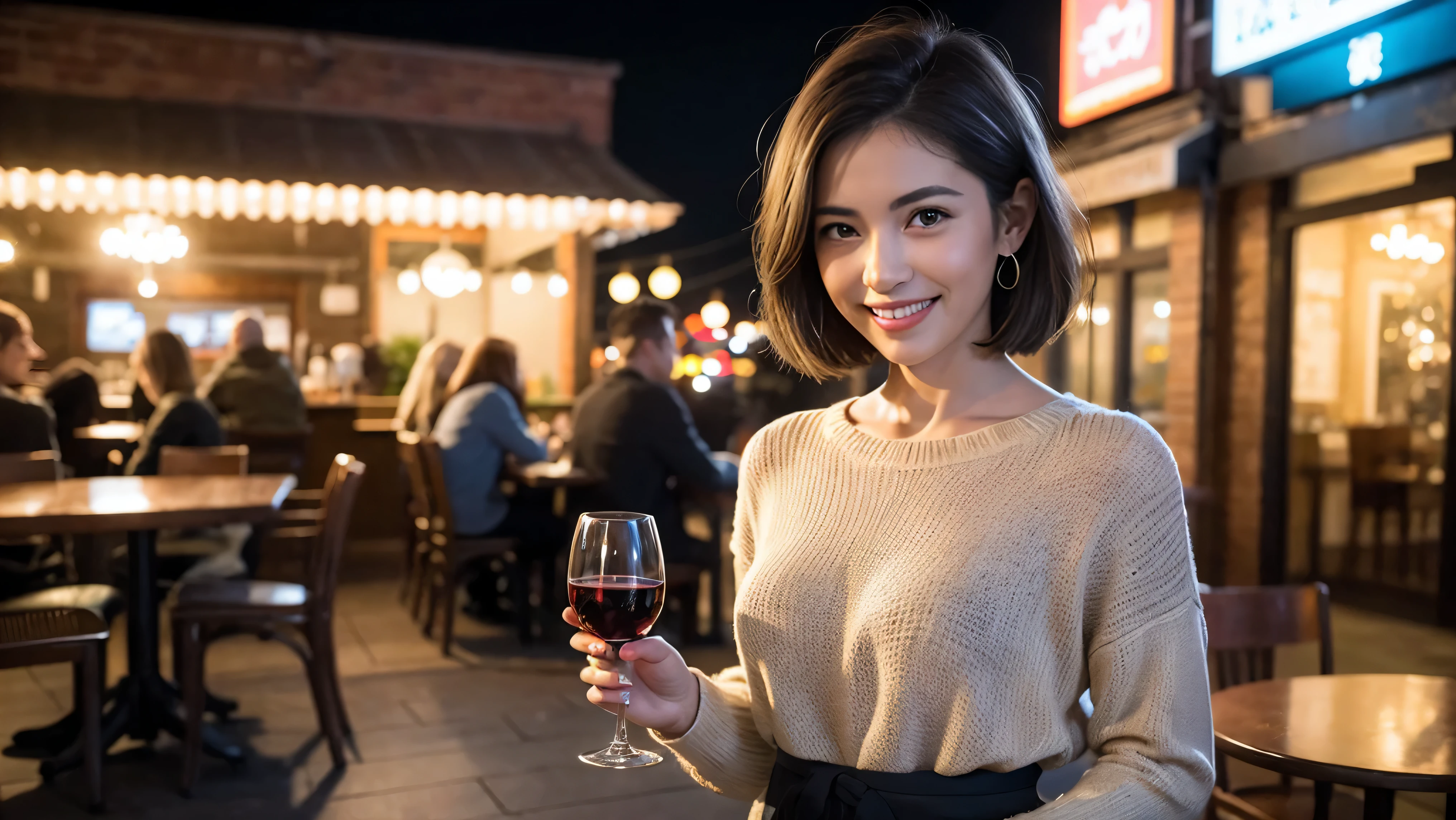 (including 64k、nffsw、highest quality、masterpiece:1.2)、(realistic、Photoreal:1.37)、Super detailed、wine glass、while enjoying wine、mature woman、two beautiful women、(slim face)、(because I&#39;thin)、（brown hair）、(shortcut)、Latino、smileのフランス人女性、happy italian girl、british woman、Americana、cheeks slightly red、(38 years)、42 years old、red wine、窓の外には美しく緻密なnight景が広がります.......、restaurant、目立つ場所にあるwine glass、night、(from the waist up)、sit on top、date、(laughter:1.15)、fine and beautiful eyes、cashmere sweater、long sleeve dress、Japanese、(short hair:1.2)、Float NovaFrogStyle、、modeled、from the waist up、White wine、turned into slime、wine glass、超綺麗なnight景、wine glassを真ん中に置きます、smile、(8k、RAW photo、highest quality、masterpiece:1.2)、(realistic、Photoreal:1.37)、Super detailed、ultra high resolution、2 females、see the beholder、beautiful and detailed face、laughter、narrow、(slim waist) :1.3)、knit shirt、Fine and beautiful skin、skin texture、floating hair、professional light needle breast、kind eyes