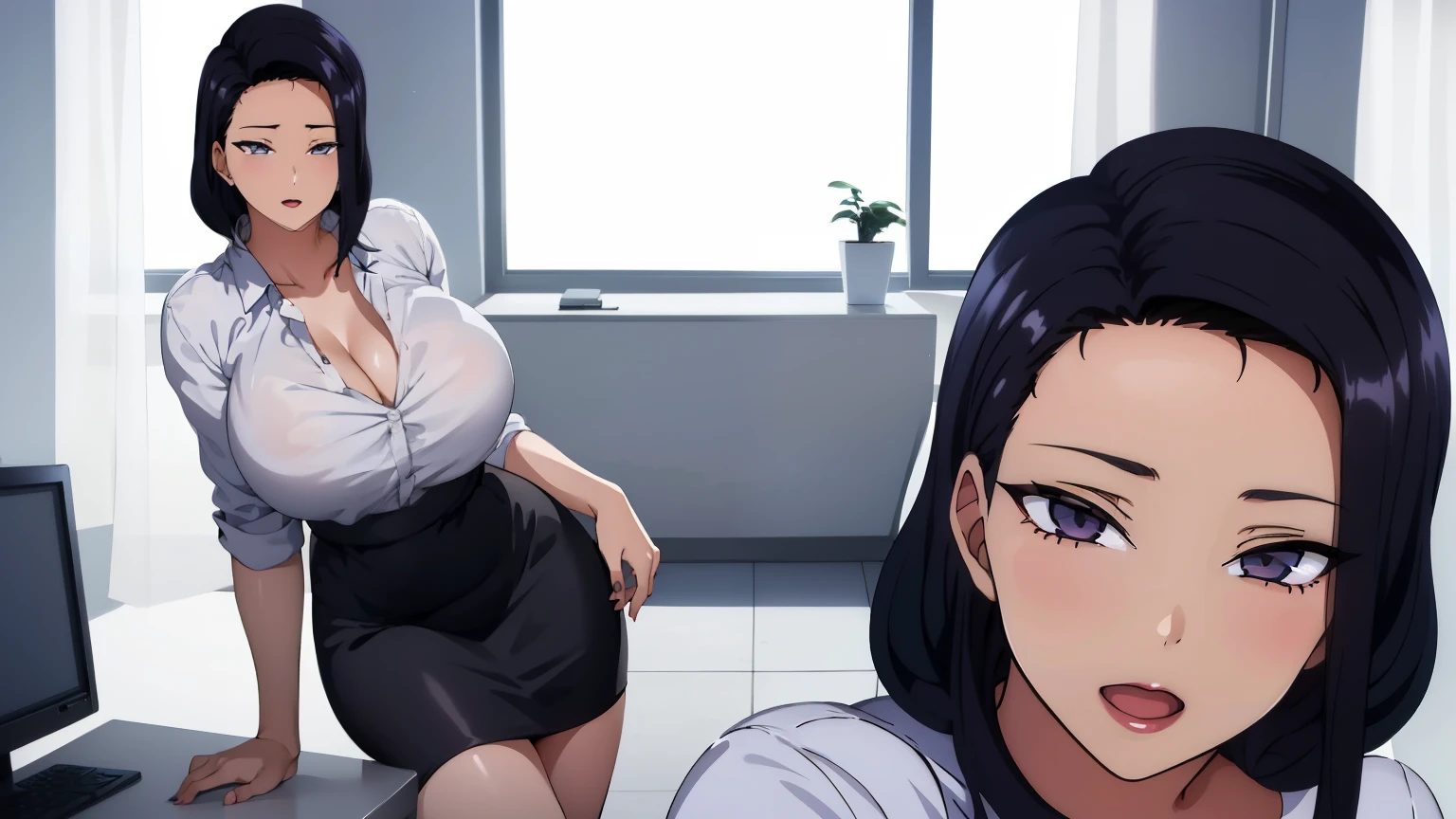 two beautiful ladies with short black hair wearing short pencil skirt and white shirt showing cleavage with  and sexy long leg standing look at camera in the office