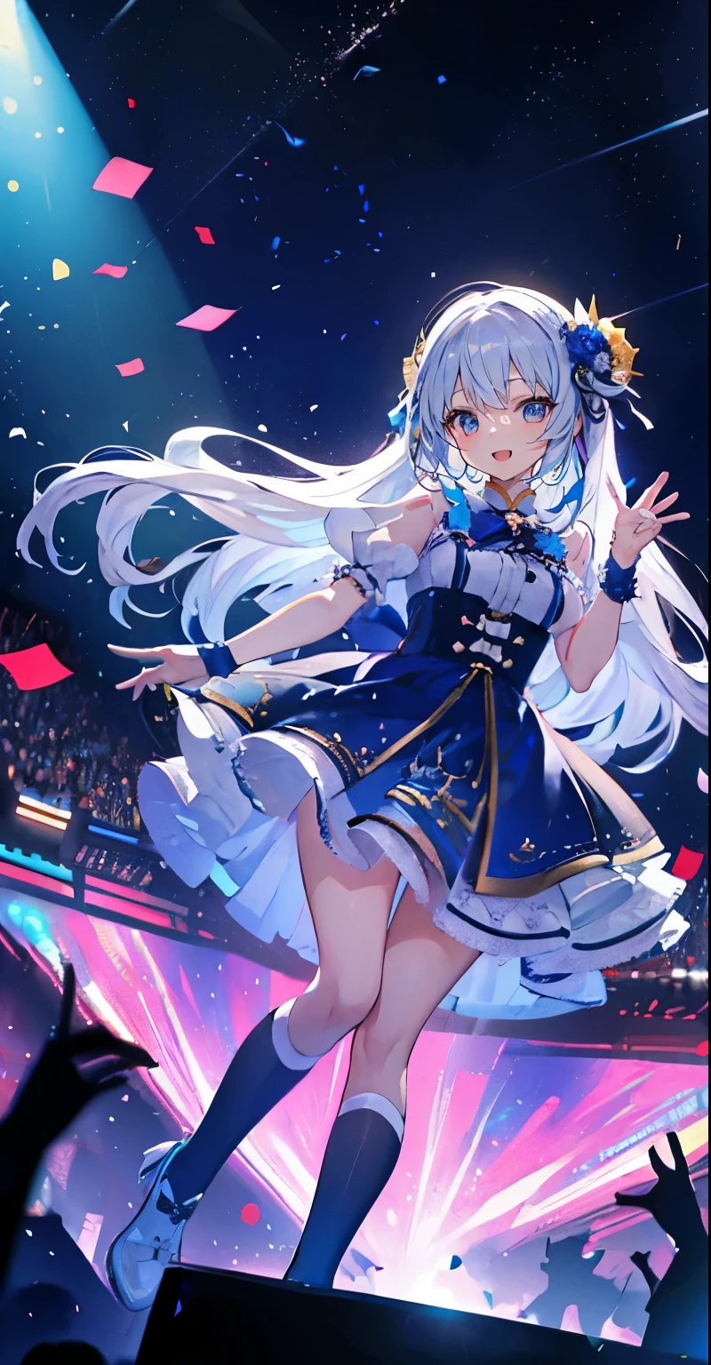 (muste piece), (best quality), very detailed, ((1 girl)), solo full body shot,Viewer's perspective,Low - Angle,dynamic,jump,(A big smile),wink,perfect face, beautiful face, very detailedな顔,((white long hair_blue eyes:1.3)),Gorgeous idol costumes,solo idol,ribbon hair ornament,concert dome,live,have a microphone,singing,smiling with mouth wide open,Laser Light,Spotlight,Lots of confetti