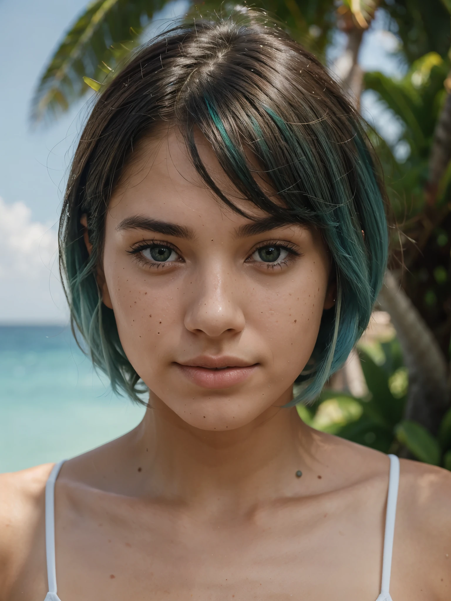 Realistic photo, 8K, portrait, beautiful face, 18-year-old Brazilian young woman, Looking straight at the camera, She has a slender face, She has dimples, she has freckles, she has green eyes, she has full lips, she has slender nose, She has a bob haircut with powderblue roots, she has powderblue hair, she has tanned skin, she has Slightly slanted eyes,