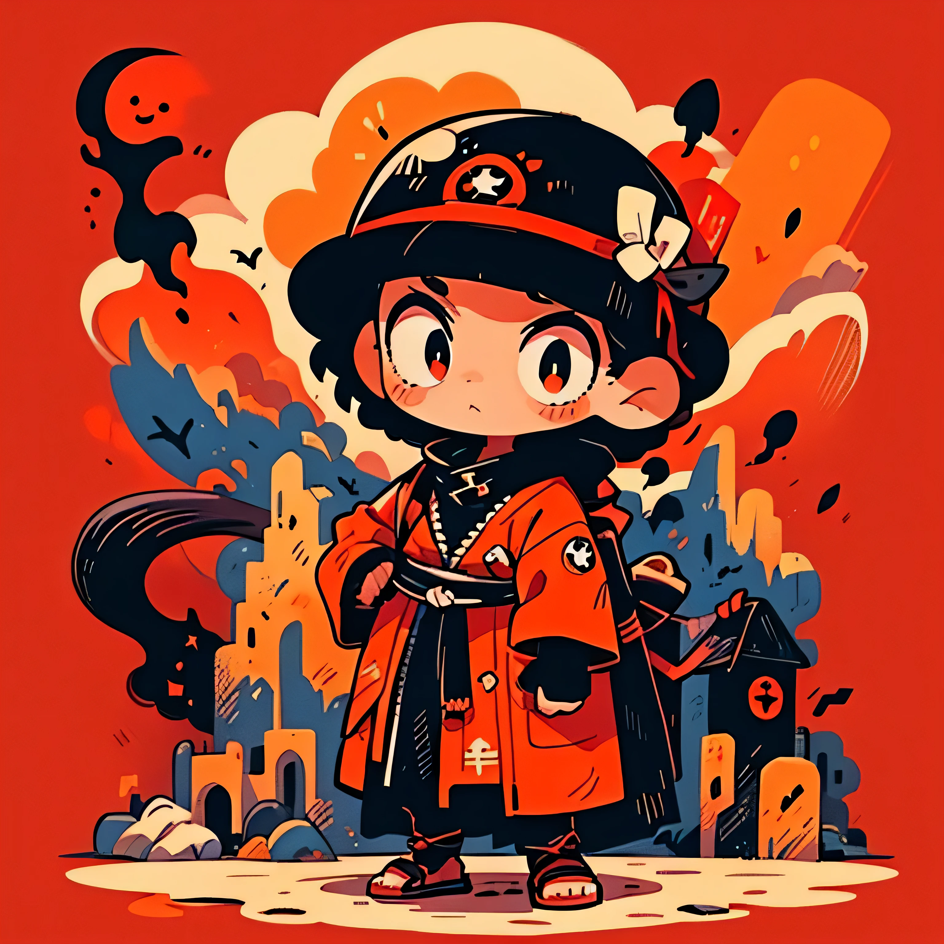 Un jeune ninja du feu pres d'un volcan. Il a un sabre. Il a une tenue noire et rouge. Le soleil se couche. Ambiance anime et manga. Inspirer de One Piece. ninja. mignon. montagne. village. volcan. feu. fantaisie. Il a les yeux rouges et les cheveux noires. His face is detailed. un seul personnage. High quality. feu. lutte. Landscape'back. assez. volcan ninja.
