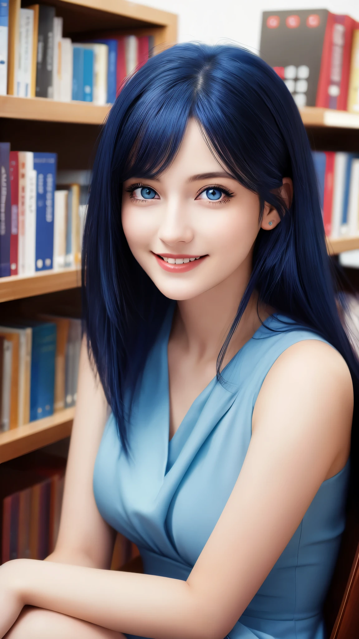 1girl, floating hair, dark blue hair, amber eyes, grin, best quality, 35mm lens, f/1.8, perfect skin, realistic, (adult face:1.2), 8k, award-winning photograph,gorgeous, (portrait:0.6), Cinematic, ultra high res, light blue dress, beautifully detailed mouth, extremely detailed eyes and face, beautiful detailed eyes,sitting in a library, reading, 
