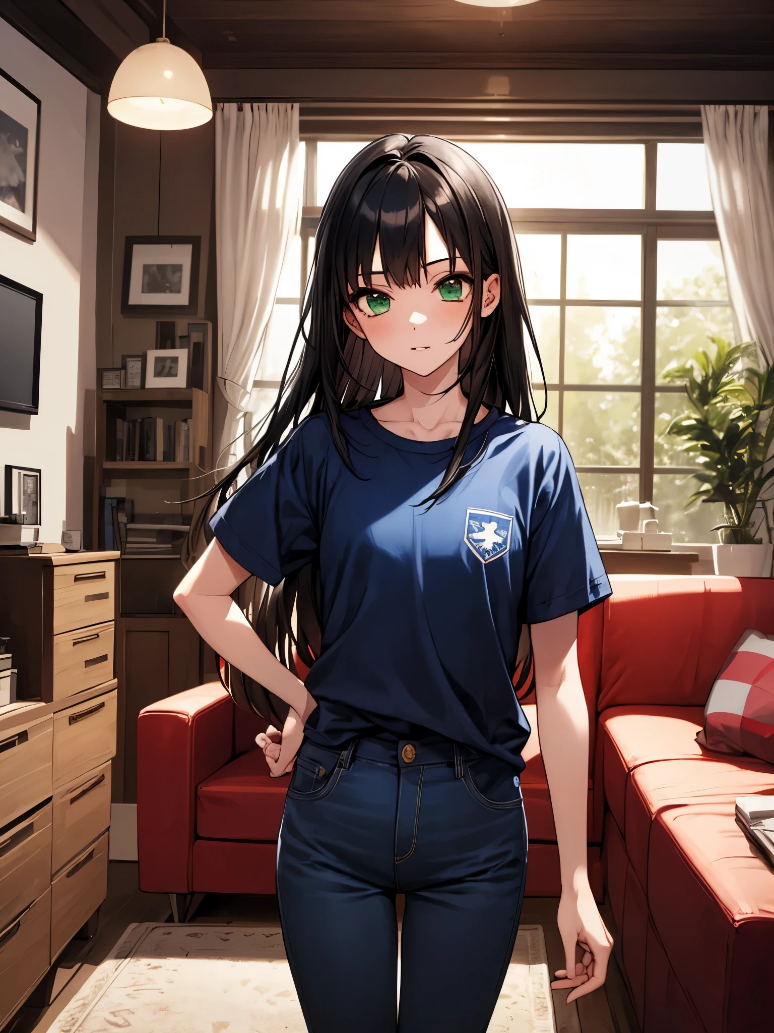 masterpiece, highest quality, 1 girl, green eyes、long black hair, blue jersey, navy blue pants、living room at home