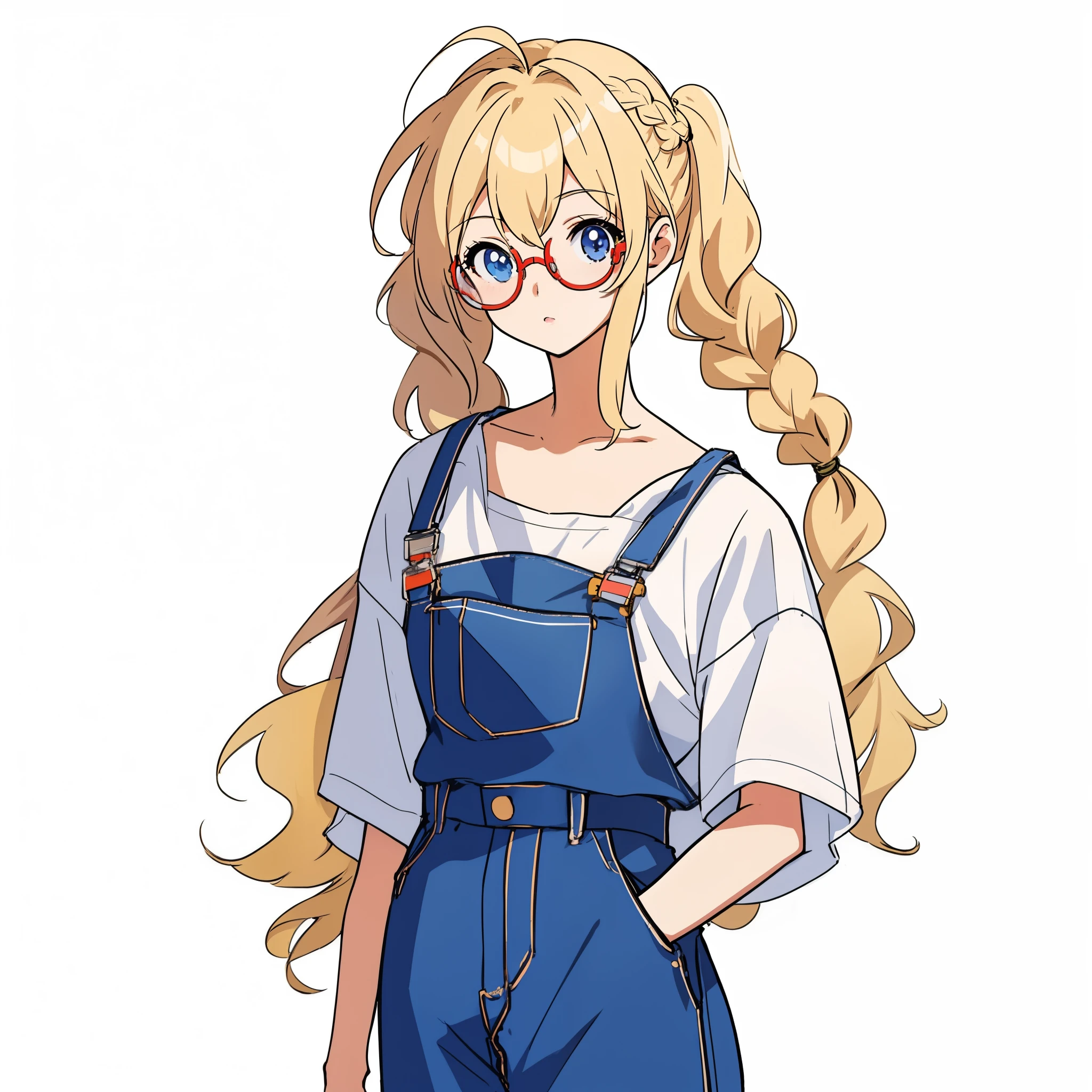 anime girl with ponytail in overalls, blond hair with pigtails, (hair in two braided pigtails:1.2), (no shirt underneath:1.4), kawaii portrait, render of april, abigail from stardew valley, detailed anime character art, blonde anime girl, official character art, marin kitagawa fanart, cute anime girl, anime style character, cute anime girl portraits, cute anime girl portrait, anime character art, (glasses:1.3)