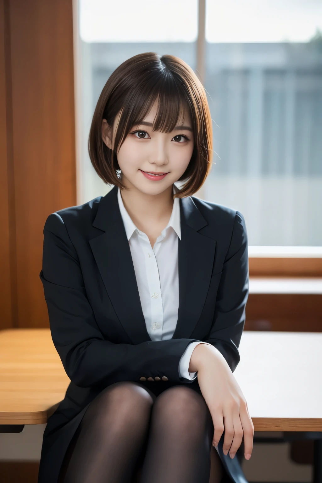 table top, highest quality, figure, super detailed, finely, High resolution, 8k wallpaper,short hair、 完璧なダイナミックな構figure, beautiful and fine eyes, business suit，natural color lip, smile、18 year old girl，Wearing black tights and stockings、plump thighs、shortcut