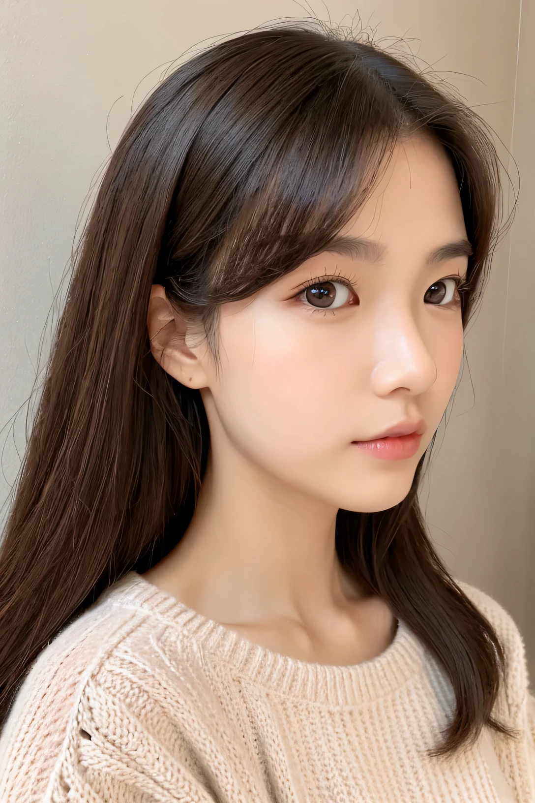 woman、super detailed face、double eyelid, medium hair、No bangs、clear eyes、knit sweater、Glossy skin, small head、whole body
