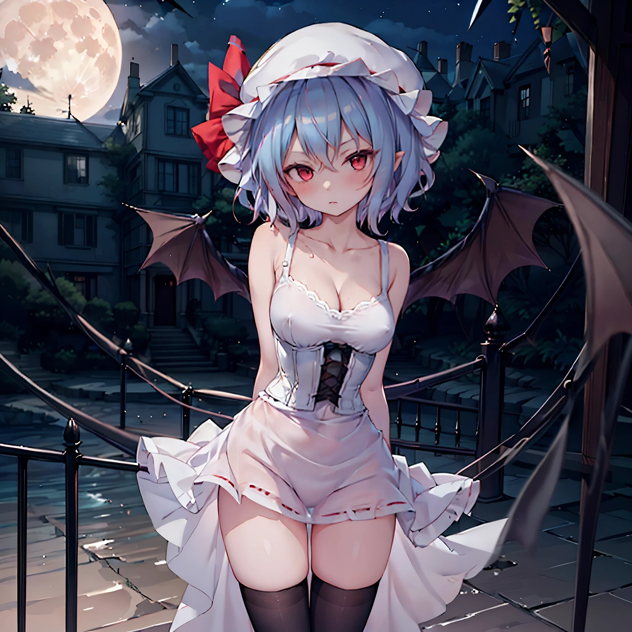 (Remilia toho character standing on the deck of mansion:1.3), (solo:1.2), skinny, a full moon, midnight, BREAK, short hair, collarbone, (emphasize small very perky breasts:1.3), (emphasize cleavage:1.3), (inconceivably thin narrow waist:1.3), (very short thin torso:1.2), very long (thin legs), emphasize thigh gap, (arms behind back:1.2), BREAK, (very short sheer white dress squeeze breasts:1.2), (dress lift breasts up:1.3), (inconceivably wiry narrow brown corset cinches waist too tight:1.5), (frilled too short white miniskirt), (light blue thighhighs), BREAK, nose blush