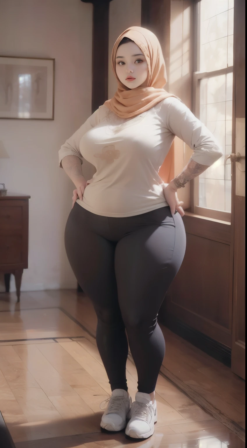 ((best quality)), ((masterpiece)), (detailed), perfect face, araffe woman thick and thight long pants posing for a picture, curvy model,, curvy hourglass figure, sexy longest hand t-shirt, thicc, beautiful full body shot, soft curvy shape, in a longest hand t-shirt, a beautiful woman open legs , bbwchan, , armpits, there is a old woman posing in a dark room with a maroon burka clothes , 43 years old, thick body, beautiful thick female, wide hips, thick legs, she has a jiggly fat round belly, thick thighs, curvy hourglass figure, thicc, curvy model, widest hips, hyperrealistic full figure, bbwchan, voluptuous body, thick, tattooed body, tattooed hands, hena on arm, hena in belly, Burka girl, muslim clothes, 43 years old woman. Burka chubby woman, chubby cheeks, wearing a sneakers, bob hairstyle, thick neck, short neck, there is a woman random pose red-brown hijab, bbwchan, thicc, brown hijab outfit, brown hijab fashion model, korean girl, korean woman, wearing brown robe, full length shot, alluring plus sized model, japanese goddess, clothed in hooded, voluptuous and arousing, portrait shot, curvy model, voluptuous body, wonderful, nene tanaka body , bbwchan, The overall atmosphere is smooth , haunting illustrations, extremely high-resolution details, photographic, realism pushed to extreme, fine texture, 4k, ultra-detailed, high quality, high contrast, red sneakers , cold atmosphere ,, 8k resolution , ultra-detailed resolution , wearing long thight pants, random pose with full body , full body, diamond necklace , wearing a watch , thick arm, thick cheeks , wearing a gold Bracelet