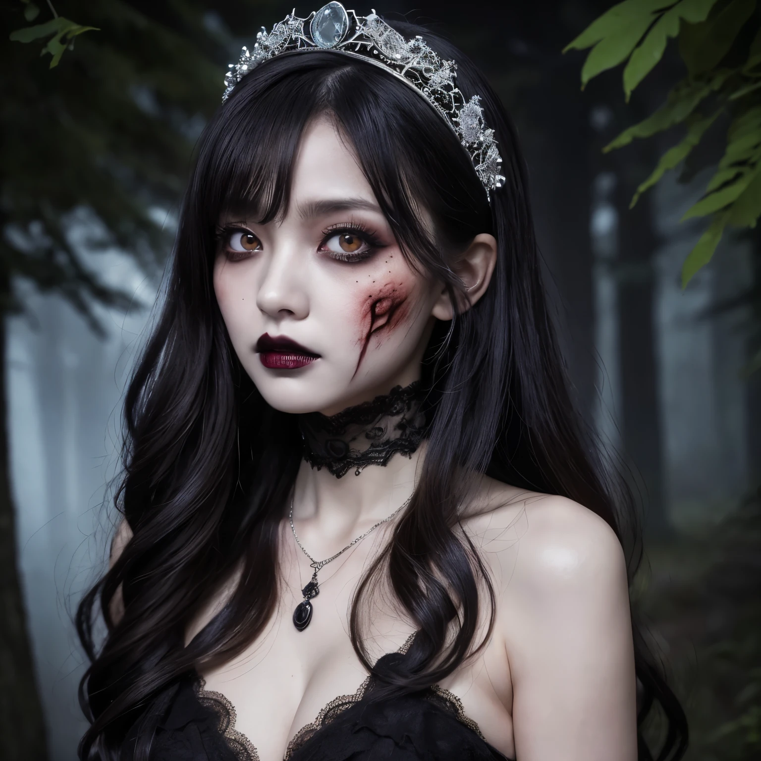 (highest quality、table top、8k、best image quality、Award-winning work、ultra high resolution)、creepy and horrorの花嫁、(Zombie Bride:1.2)、(bloody face:1.2)、(creepy and horror:1.2)、(zombie makeup:1.3)、(pure white and creepy skin:1.3)、black eyeshadow、(There are dark circles in the eyes:1.2)、(black lips:1.2)、long hair、(the finest spooky wedding dresses:1.1)、(wedding lace:1.1)、(The finest creepy giant tiara:1.1)、(The finest spooky necklace:1.1)、(dark spooky and scary forest background:1.2)、gloomy and eerie tree々、Eerie dim night、dark thriller atmosphere、(Spooky fog:1.1)、small cleavage、(look at me with a sad expression:1.1)、blurred background、photo from the chest up、accurate anatomy、ultra high resolutionの顔、ultra high resolutionの髪、ultra high resolutionのキラキラした瞳、ultra high resolutionのblack lips、ultra high resolutionの完璧な歯、Creepy face drawn in detail