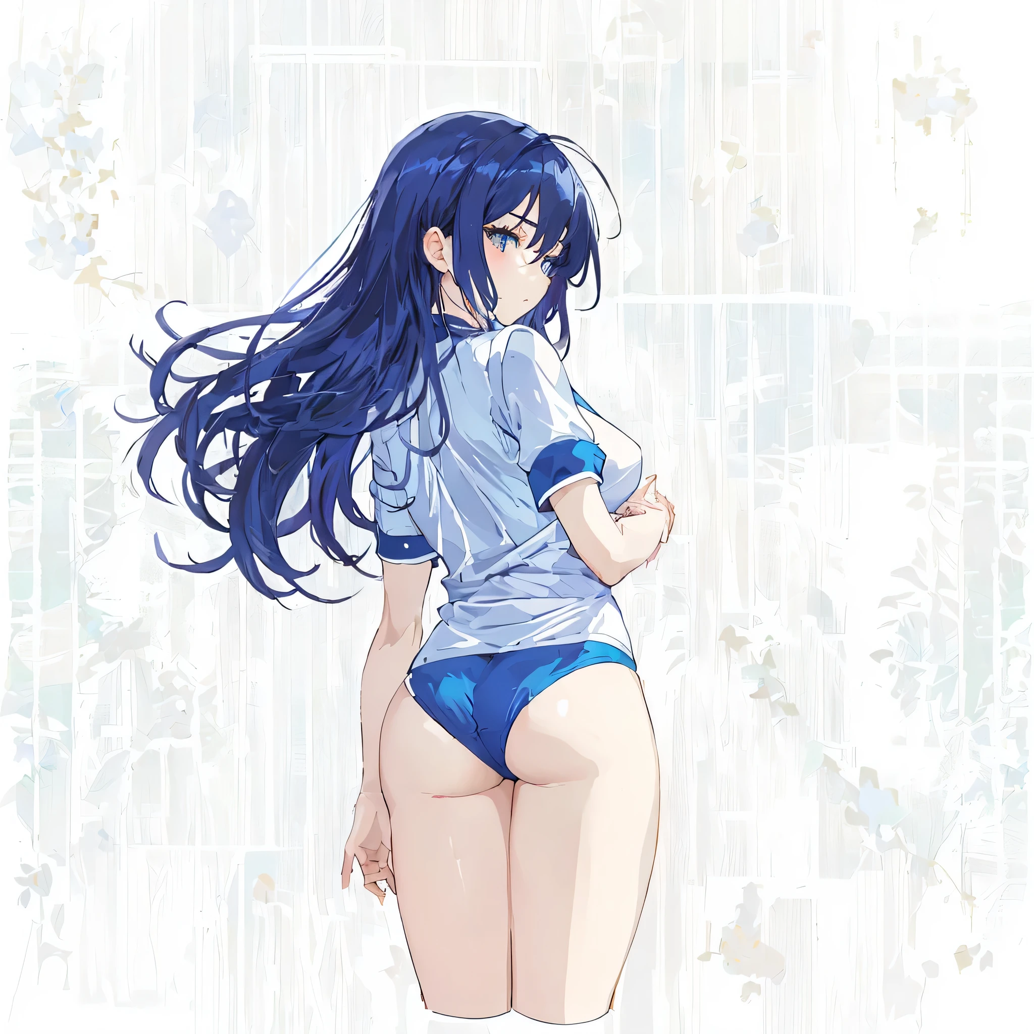 white background,masterpiece, highest quality,shape,slanted eyes,straight hair,blue hair,super dense skin,fine and beautiful eyes,(medium sized breasts:1.2), (A raised and well-defined bust:1.2), (lifted chest:1.2), (perky chest :1.2),cover 1'one on the chest'hand,high school girl,athletics track