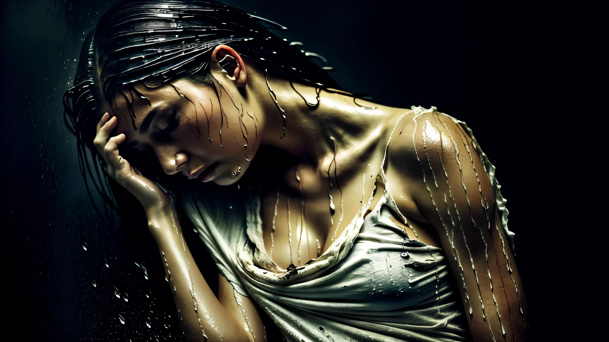 best image quality, masterpiece, ultra high resolution, (fidelity :1.4), photograph, 1 girl,[(sorrow)],white shirt, 薄dark, dark, Desperate, regret, pitiful, cinematic,tear,teardrop,(torn clothes:1.5), (wet clothes:1.4), bare shoulders,real rain,wet hair,..