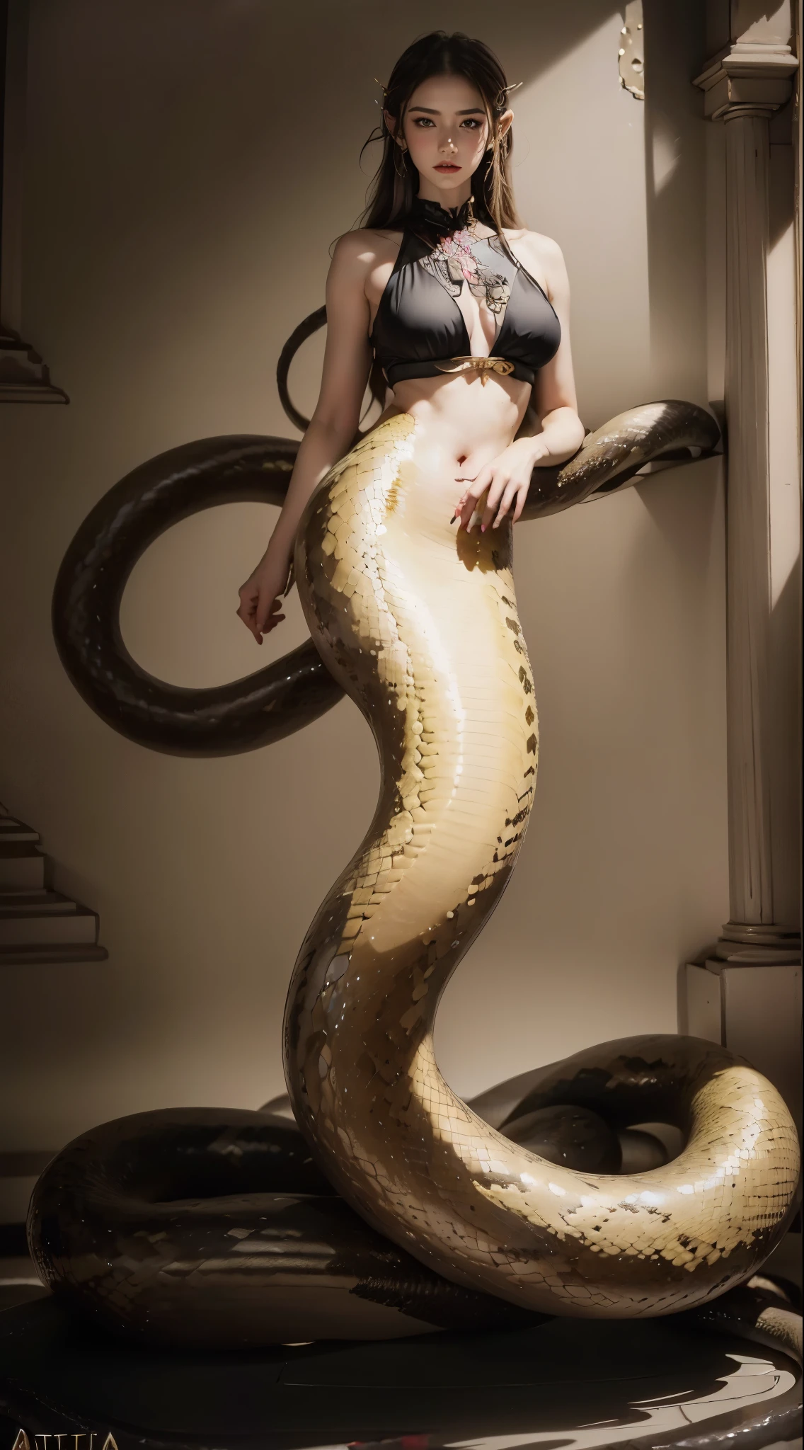 tmasterpiece，Best quality at best，RAW photos，A high resolution，art by apterus. queen of demons, Medusa:1.3，（mermaids:1.2），（Elongated snake tail:1.3），once very beautiful, Sensual, enchanting,big chest and thin waist, Red long-haired, sharp black eyes,Redlip，raised head,（correct hand），（（snake scale body）），Full body photo，The lighting is dim (Olvik |)，ultraclear，8K