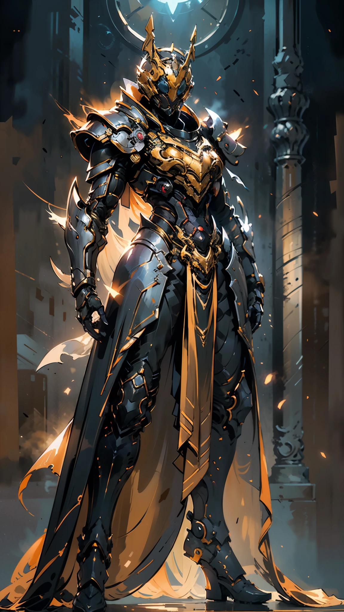 A woman adorned in fantasy-style full-body armor, a crown-concept fully enclosed helmet that unveils only her eyes, a composite layered chest plate, fully encompassing shoulder and hand guards, a lightweight waist armor, form-fitting shin guards, the overall design is heavy-duty yet flexible, (the armor gleams with a golden glow, complemented by red and blue accents), exhibiting a noble aura, she floats above a fantasy-surreal high-tech city, this character embodies a finely crafted fantasy-surreal style armored hero in anime style, exquisite and mature manga art style, (mixture of Queen bee and Spider concept Armor, plasma), ((Element, elegant, goddess, femminine:1.5)), metallic, high definition, best quality, highres, ultra-detailed, ultra-fine painting, extremely delicate, professional, anatomically correct, symmetrical face, extremely detailed eyes and face, high quality eyes, creativity, RAW photo, UHD, 32k, Natural light, cinematic lighting, masterpiece-anatomy-perfect, masterpiece:1.5