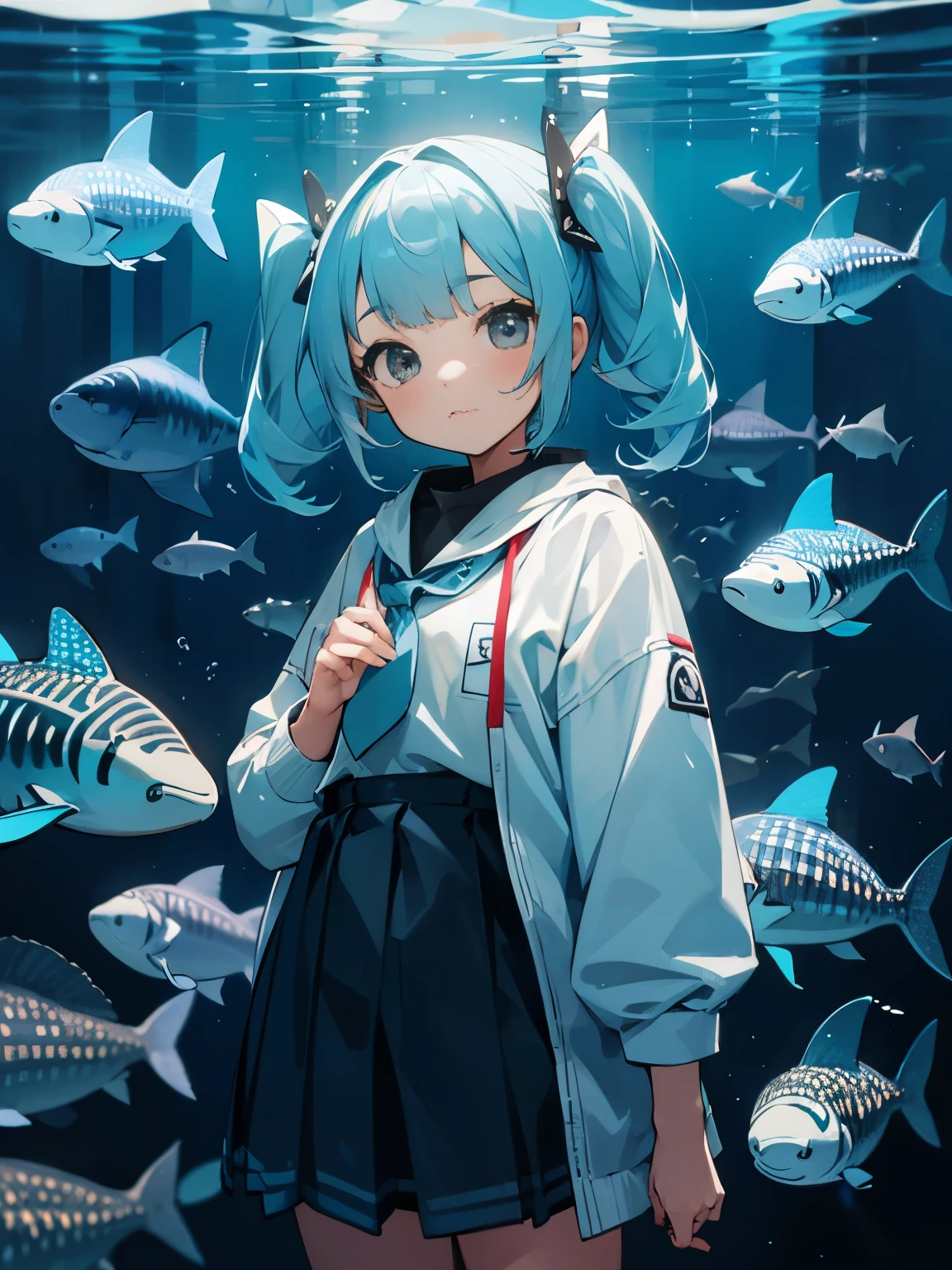 Aquarium Fish Whale shark Sardine Tuna Aquarium A girl looking at an aquarium Twin tails Light blue hair Cute